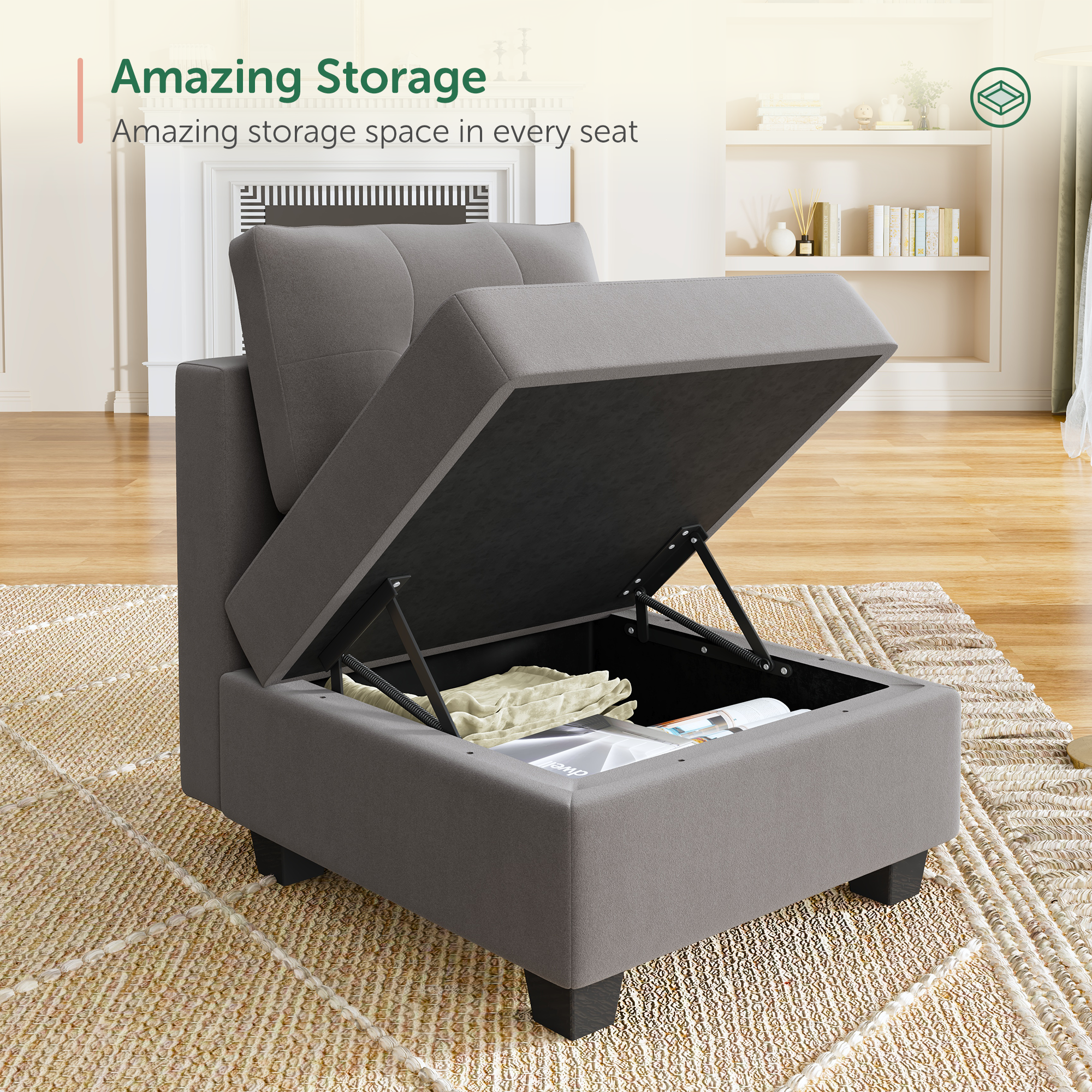 HONBAY Velvet Tufted 12-Seat Modular Storage Sofa with Storage Ottoman