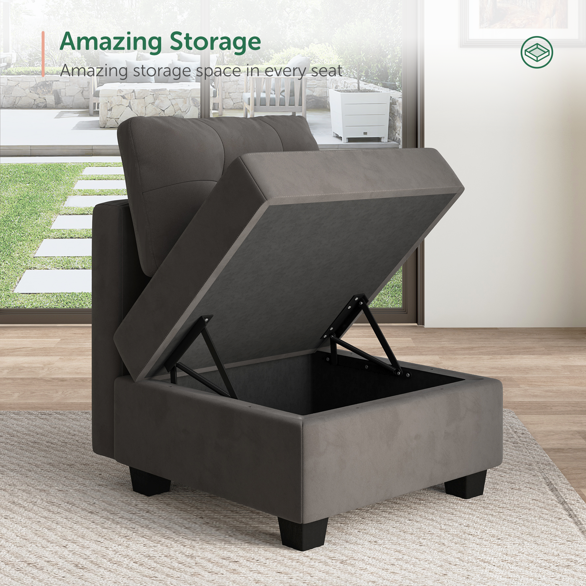 HONBAY Velvet Tufted U-Shaped Reversible Modular Sofa with Storage Ottoman