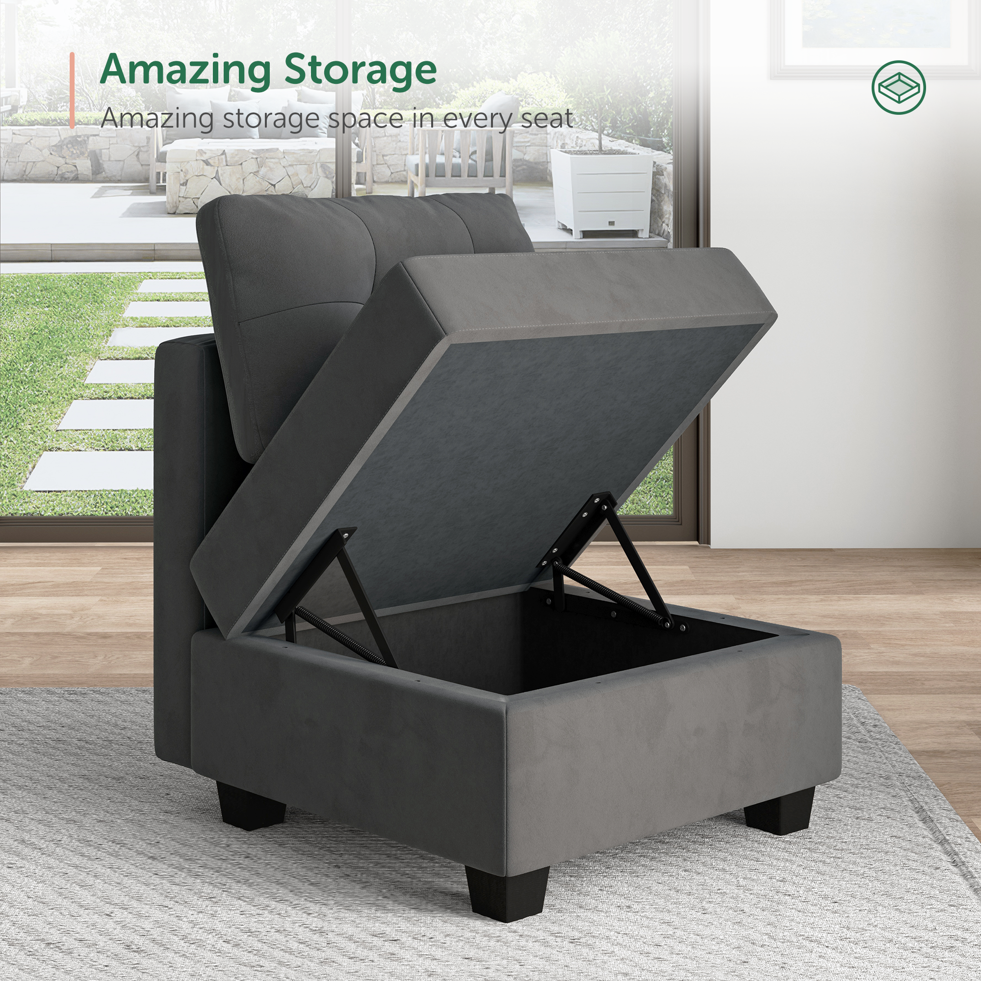 HONBAY Velvet Tufted U-Shaped Reversible Modular Sofa with Storage Ottoman
