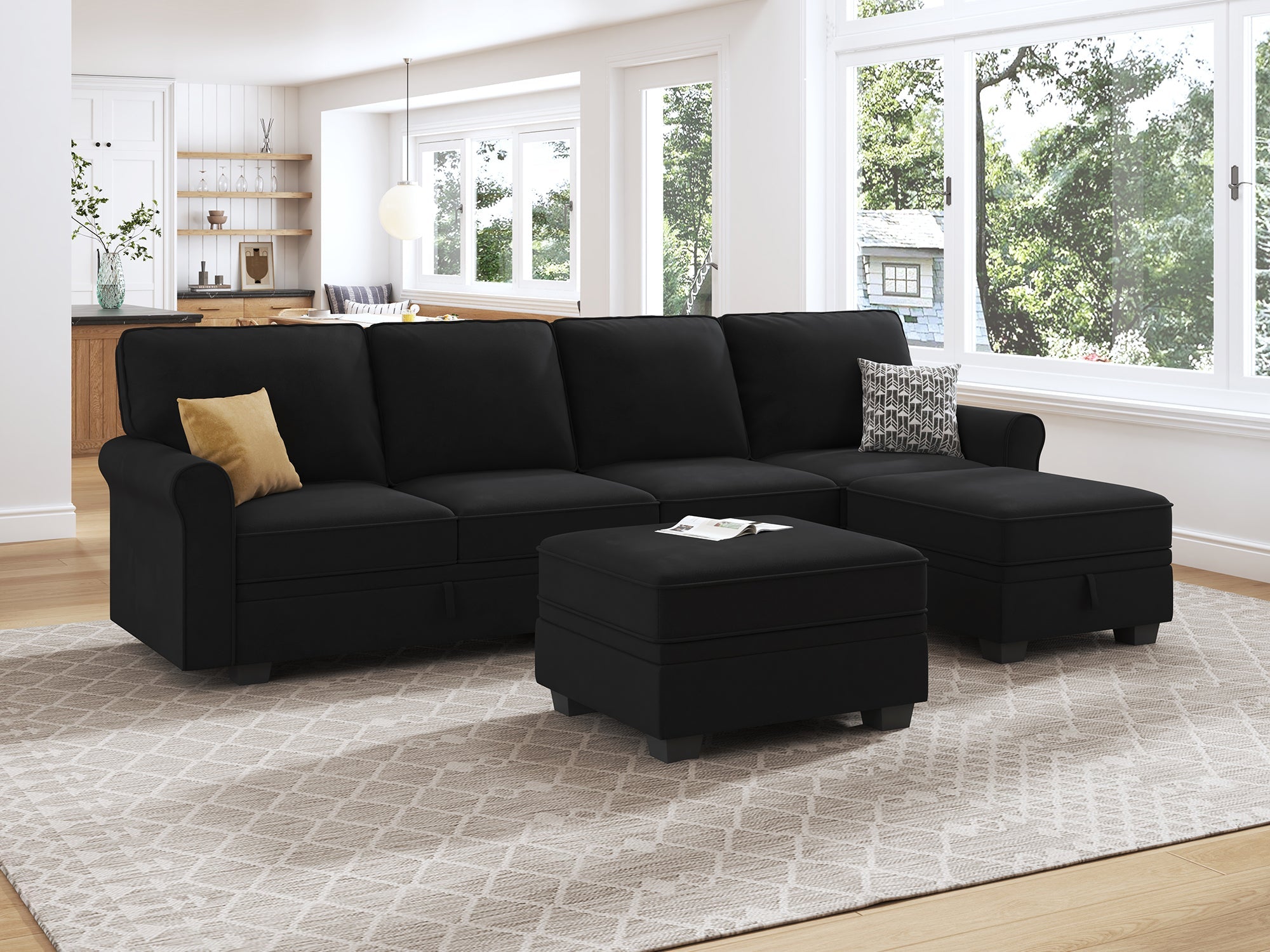 HONBAY Velvet 4-Seat Sectional Sofa U-Shaped Sofa with Storage Seat