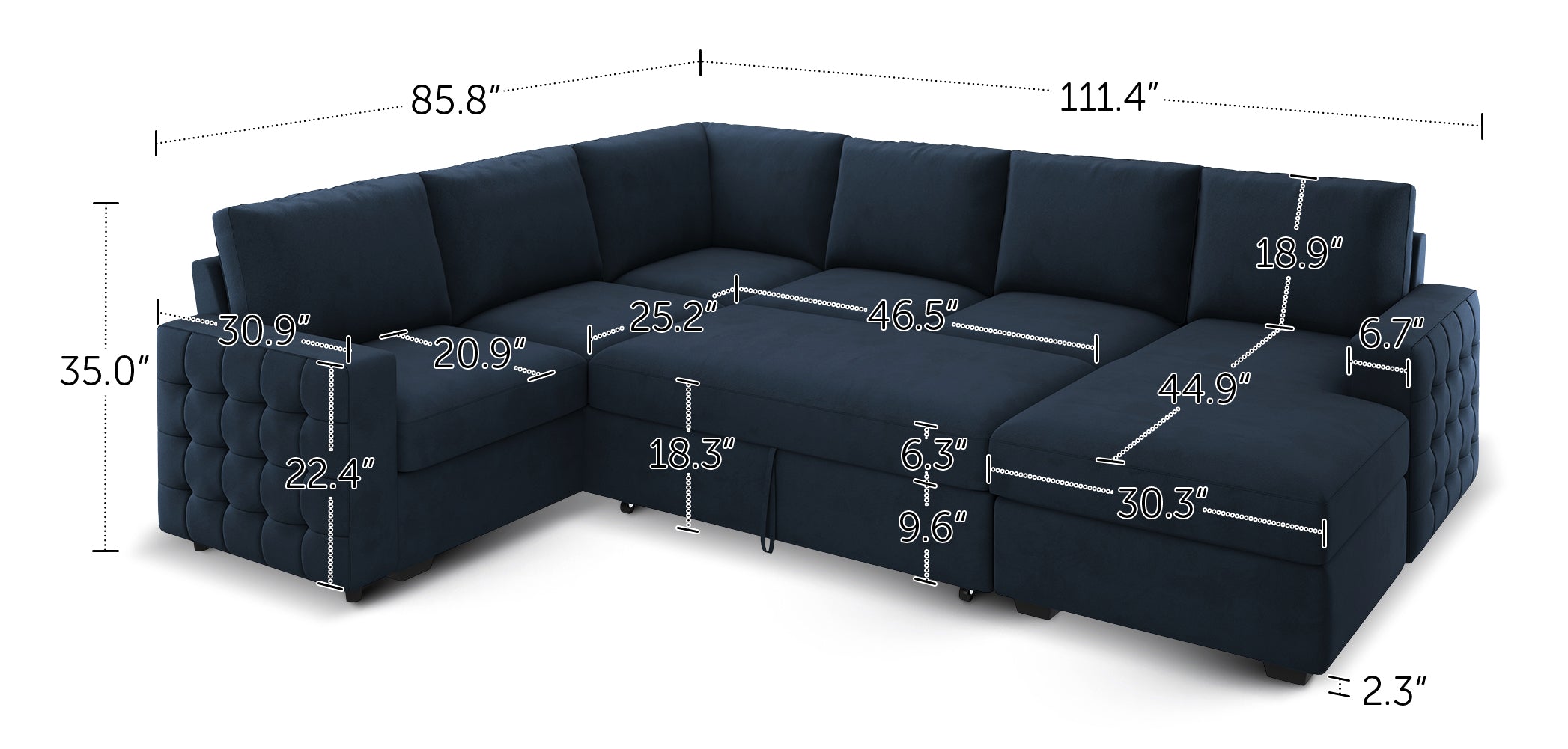 HONBAY 6-Piece Velvet Sleeper Sectional With Storage Space #Color_Dark Blue