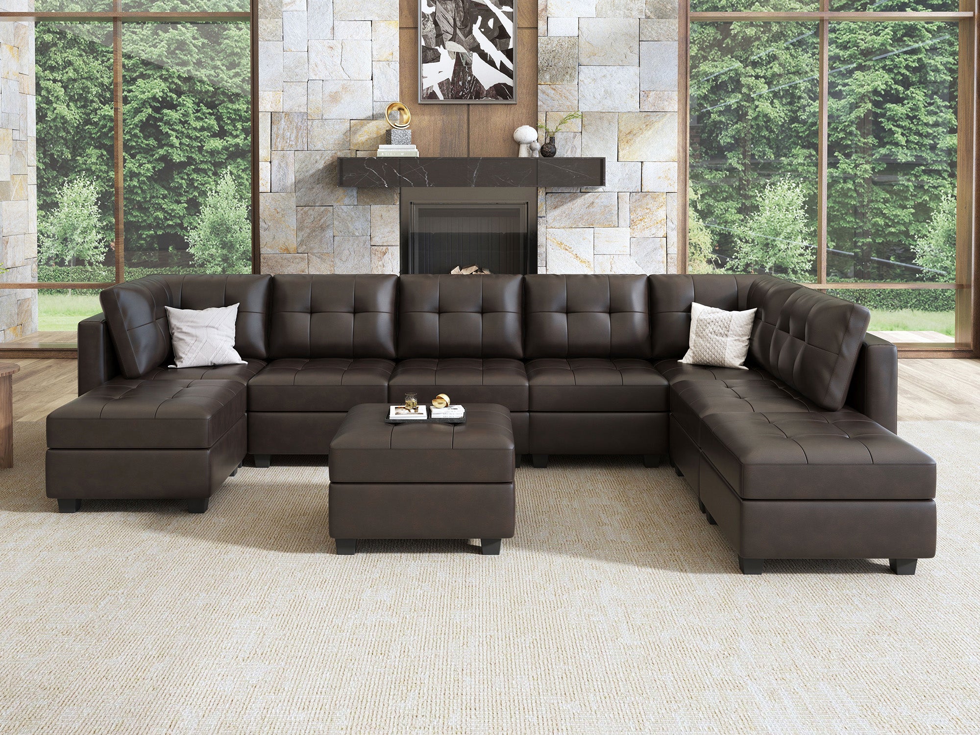 HONBAY 9-Piece Faux Leather Modular Sectional With Storage Seat