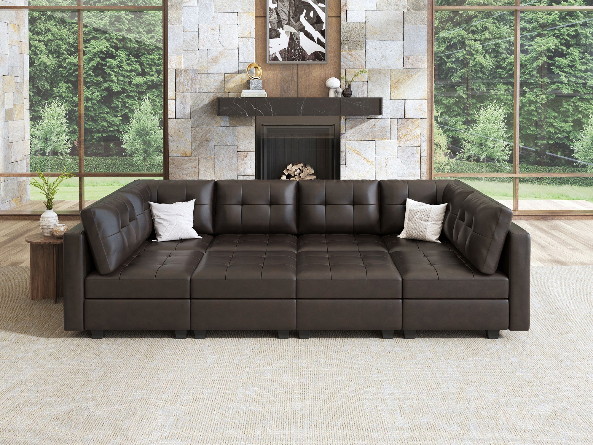HONBAY 8-Piece Faux Leather Modular Sleeper Sectional With Storage Seat