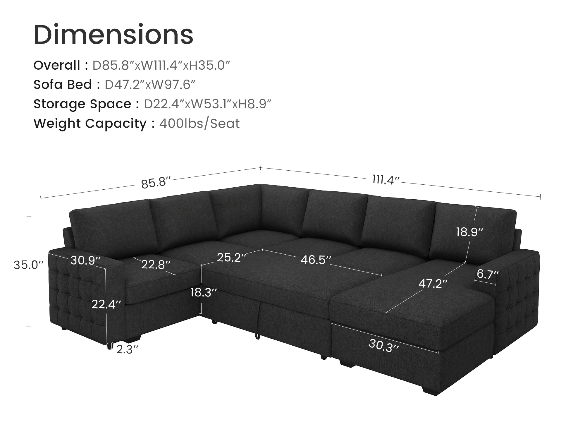 HONBAY 6-Piece Sleeper Sectional With Storage Space #Color_Dark Gray