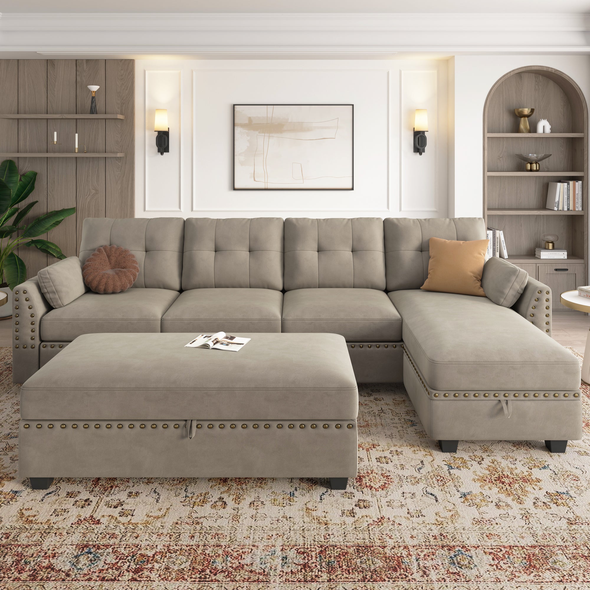 HONBAY Velvet 4-Seat L-Shaped Sectional Sofa with Storage Ottoman