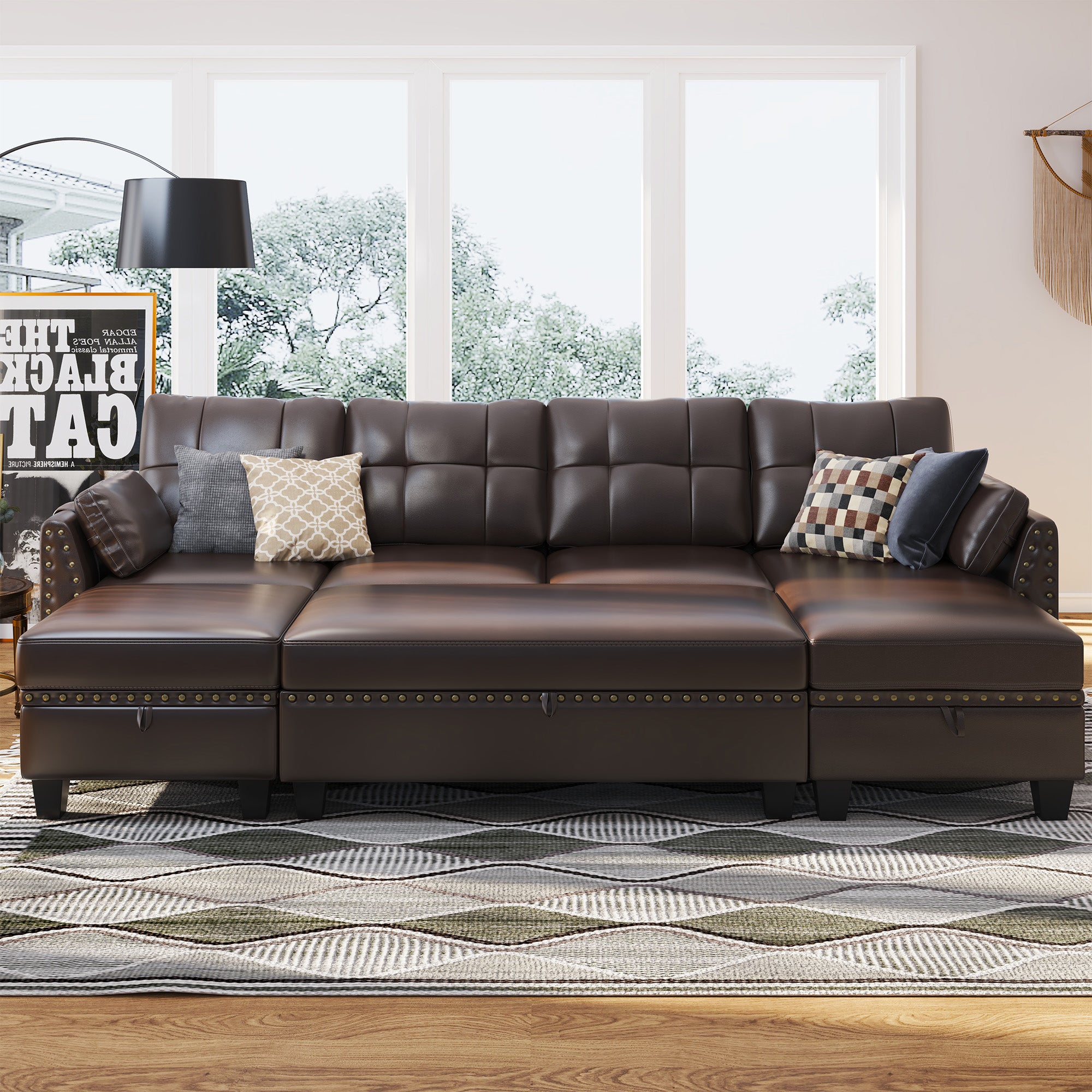 HONBAY 4-Seat Sectional Sofa Sleeper with Storage