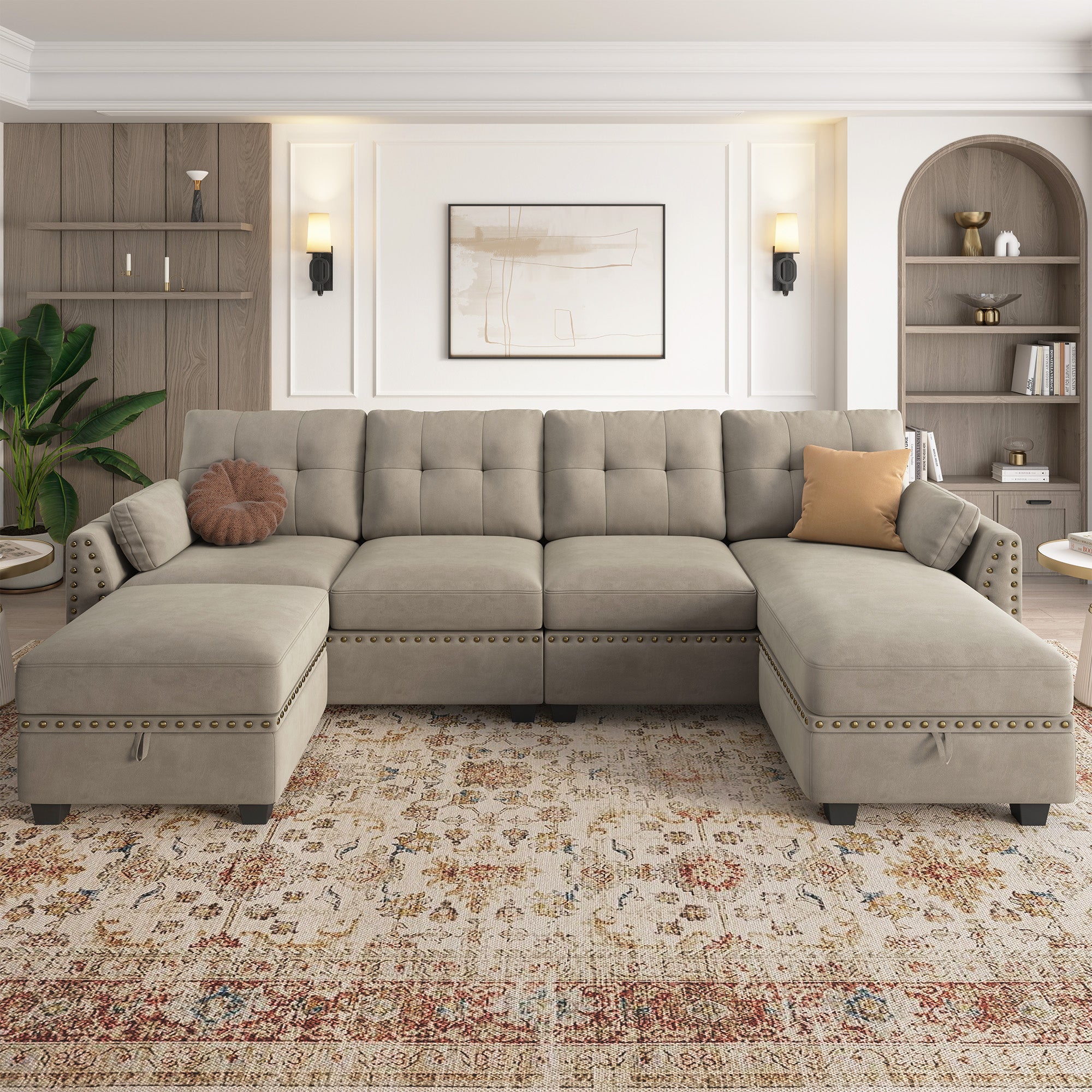 HONBAY Velvet 4-Seat U-Shaped Sectional Sofa with Storage Reversible Chaise Set