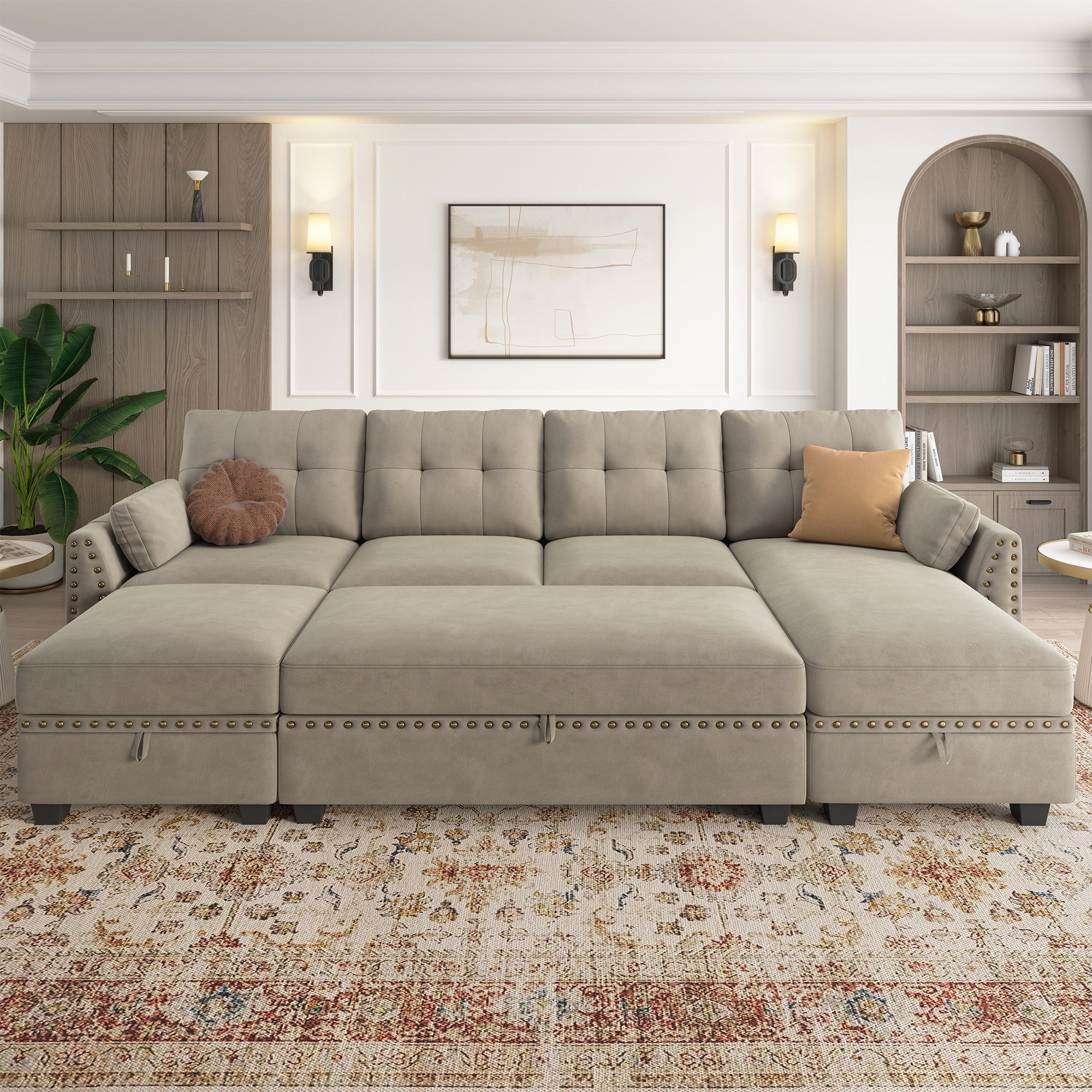 HONBAY Velvet 4-Seat Sectional Sofa Sleeper with Storage