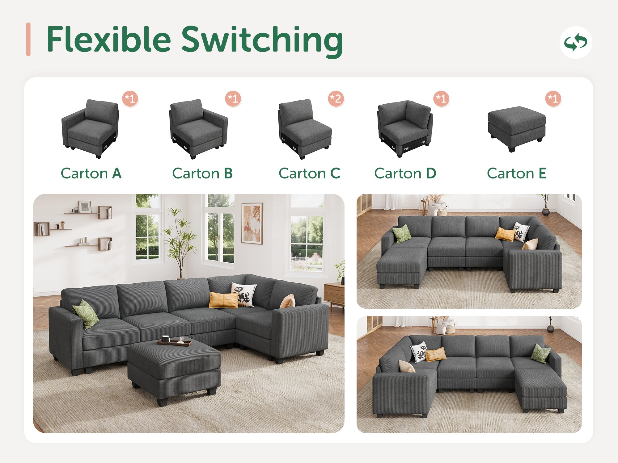 HONBAY 6-Piece Corduroy Modular U-Shaped Sectional Sofa With Hidden Storage Ottoman
#Color_Corduroy Grey