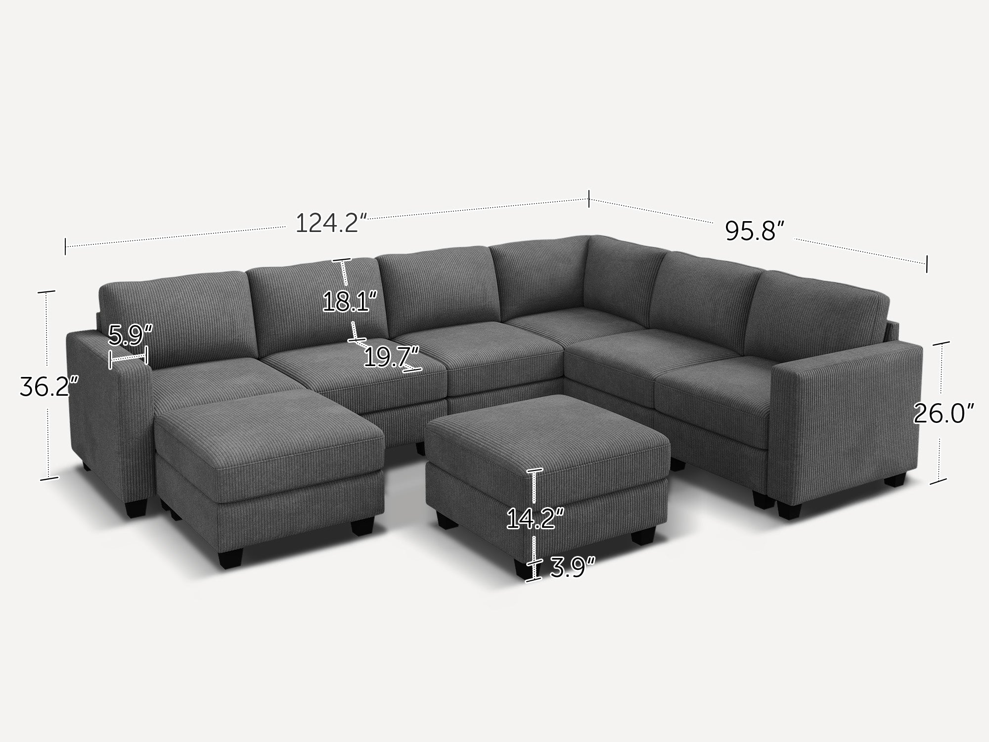 HONBAY 8-Piece Corduroy Modular U-Shaped Sectional Sofa With 2 Hidden Storage Ottoman
#Color_Corduroy Grey