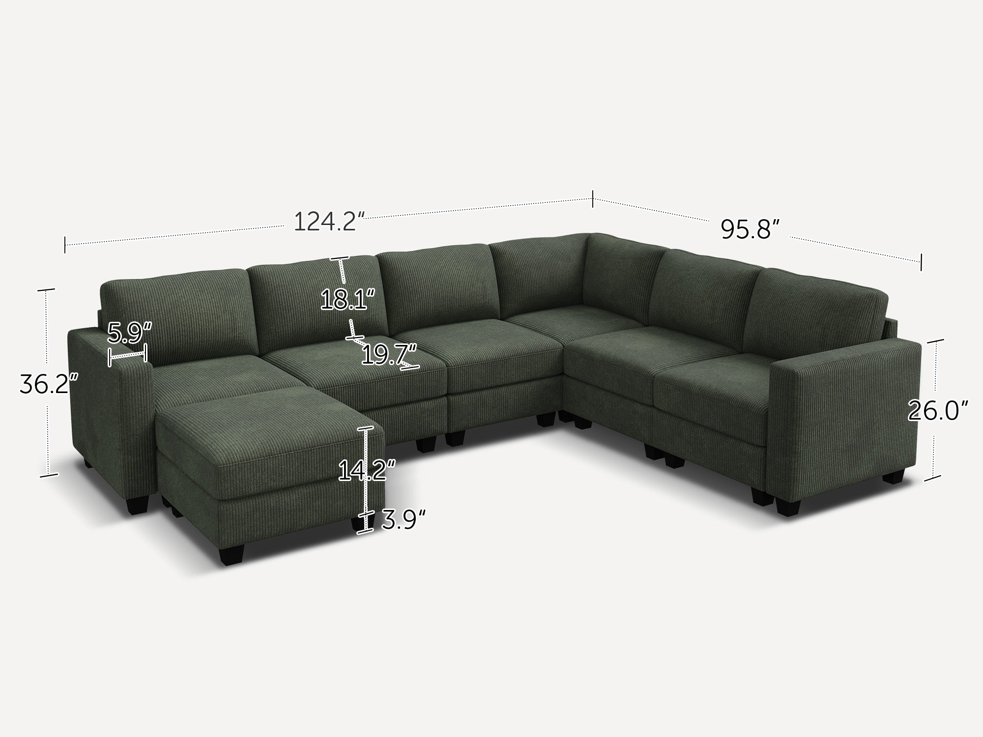 HONBAY 7-Piece Corduroy Modular U-Shaped Sectional Sofa With Hidden Storage Ottoman
#Color_Corduroy Green