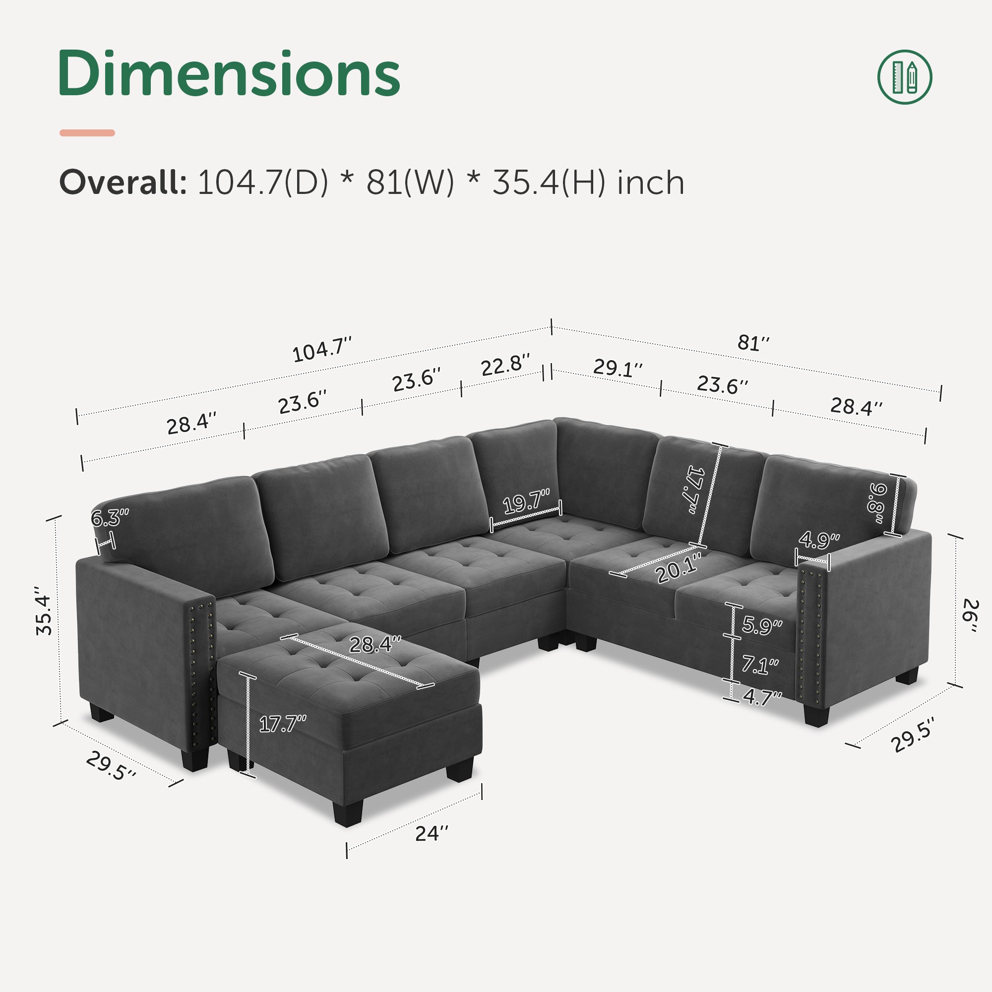 HONBAY Velvet U-Shaped Corner Sectional Sofa with Reversible Storage Lid Ottoman #Color_Grey