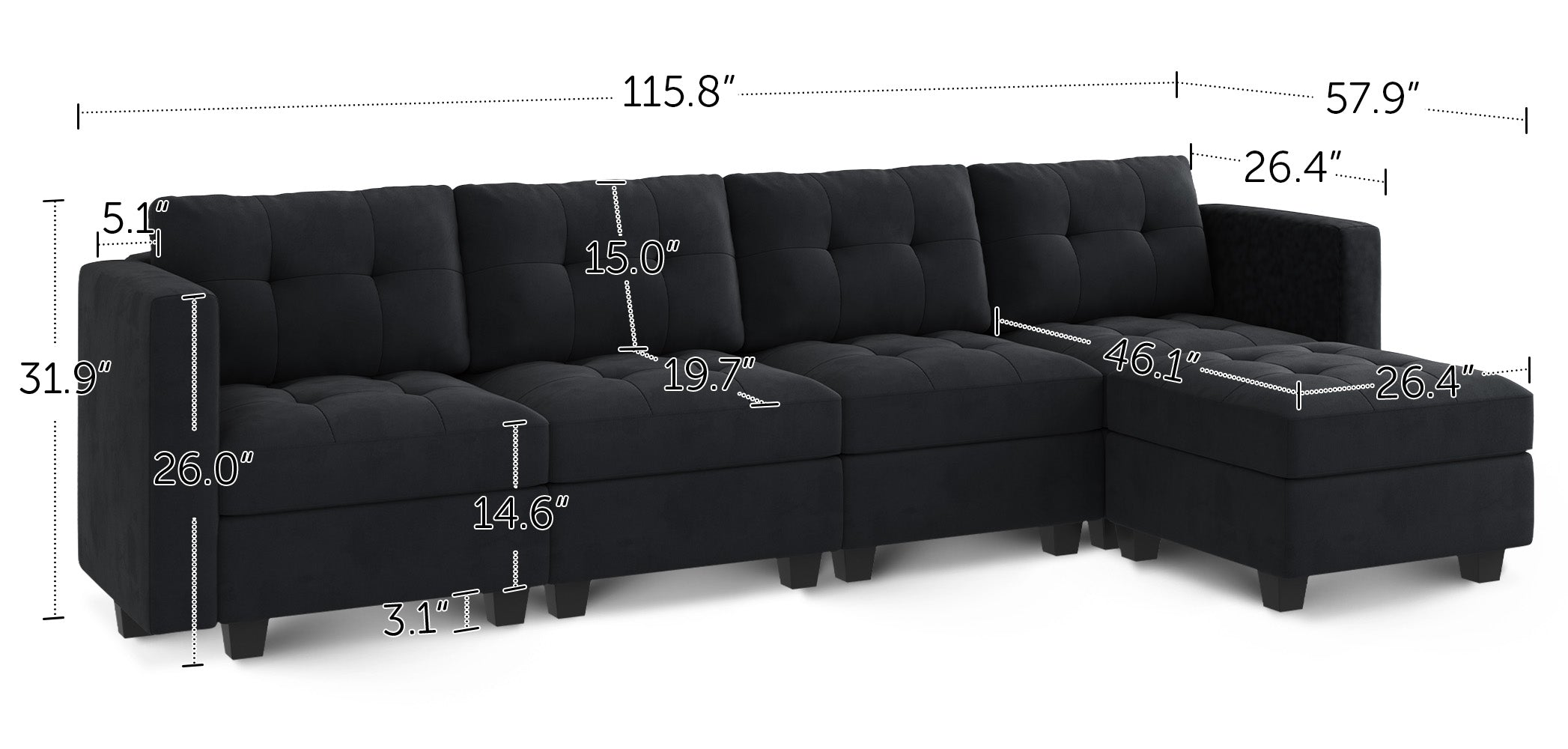HONBAY 5-Piece Velvet Modular Sectional With Storage Seat #Color_Black
