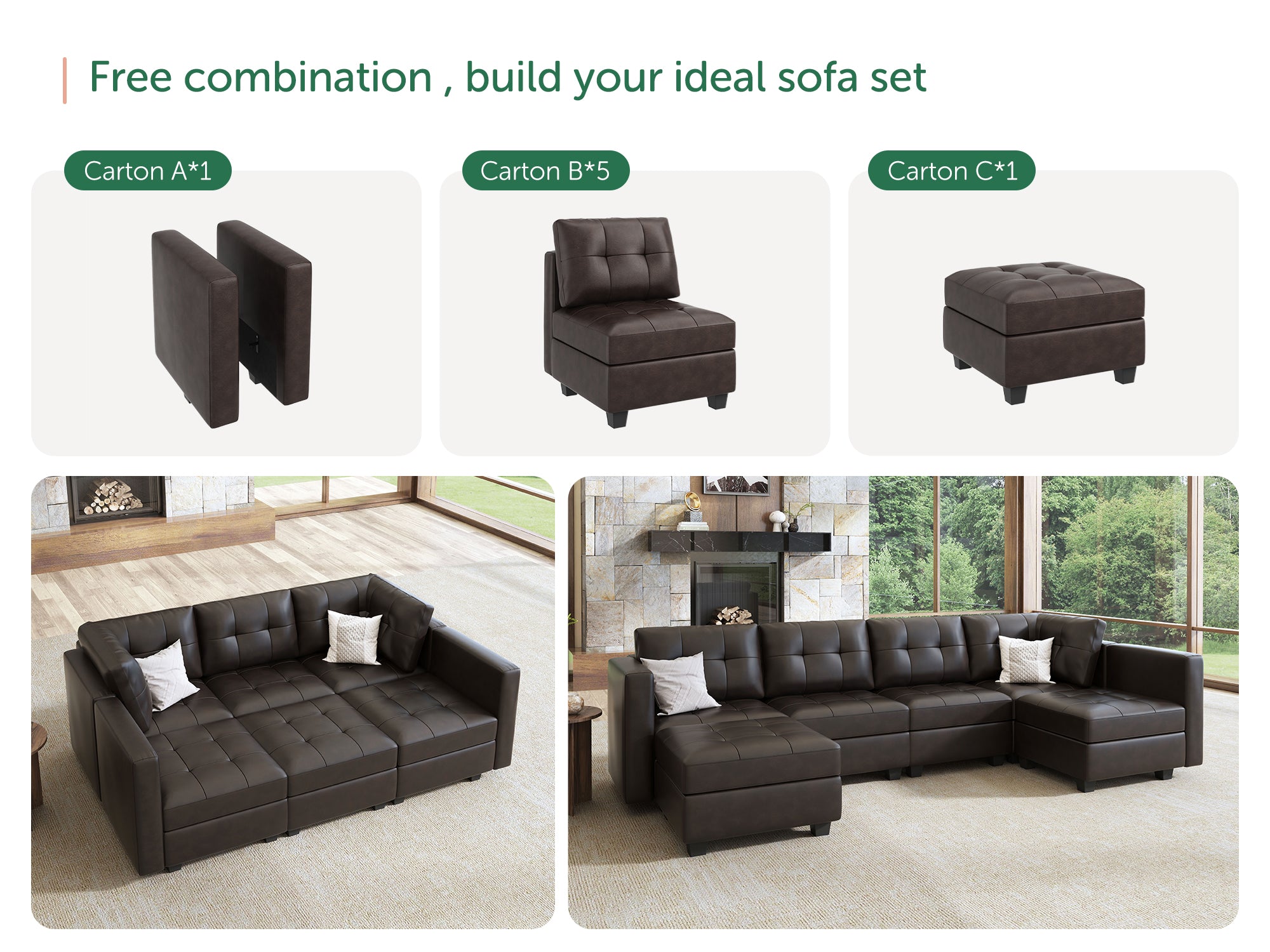 HONBAY 6-Piece Faux Leather Modular Sleeper Sectional With Storage Seat