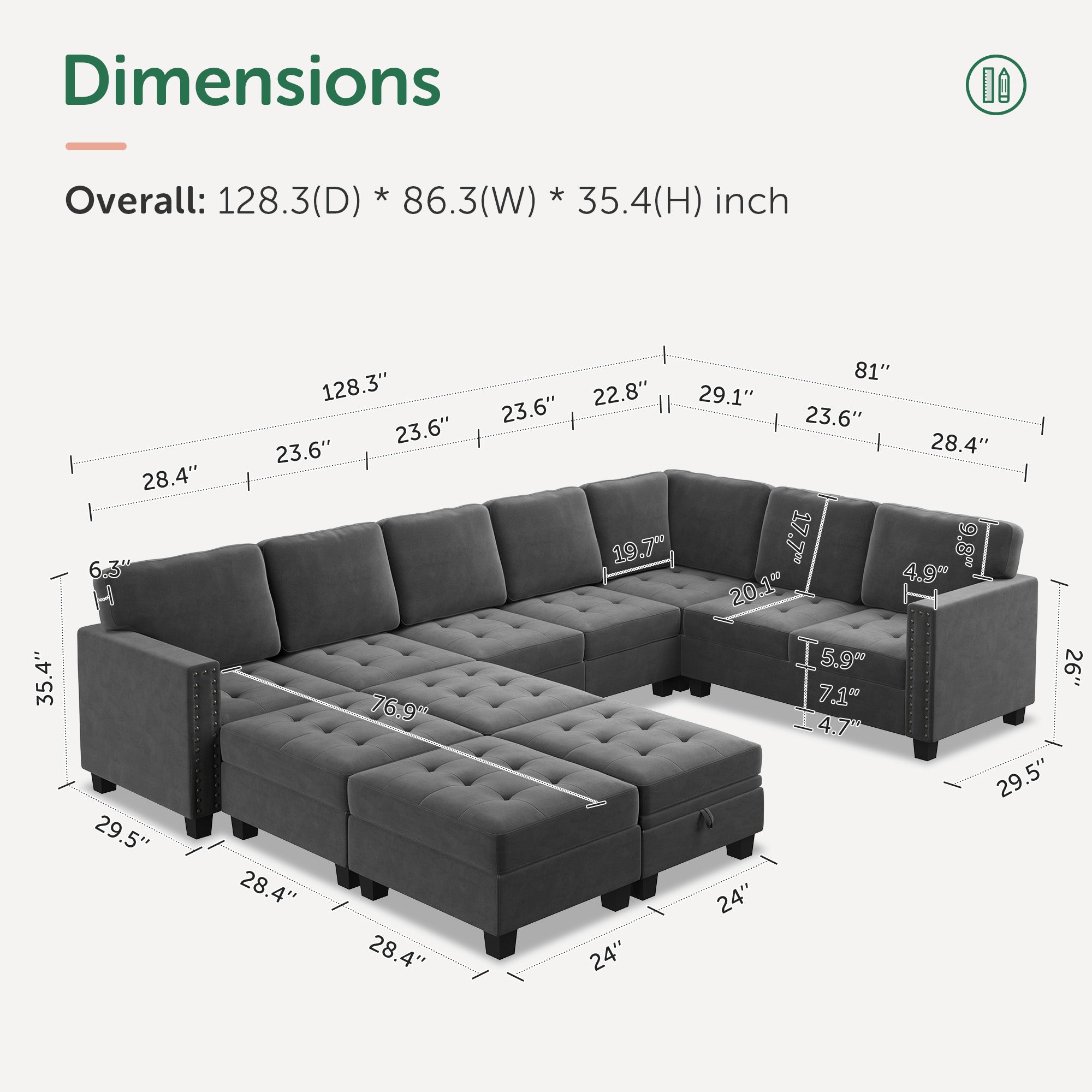 HONBAY Wraparound Modular Sofa 11-Seat With 2-Tray Space+1-Left Arm+1-Right Arm #Color_Grey
