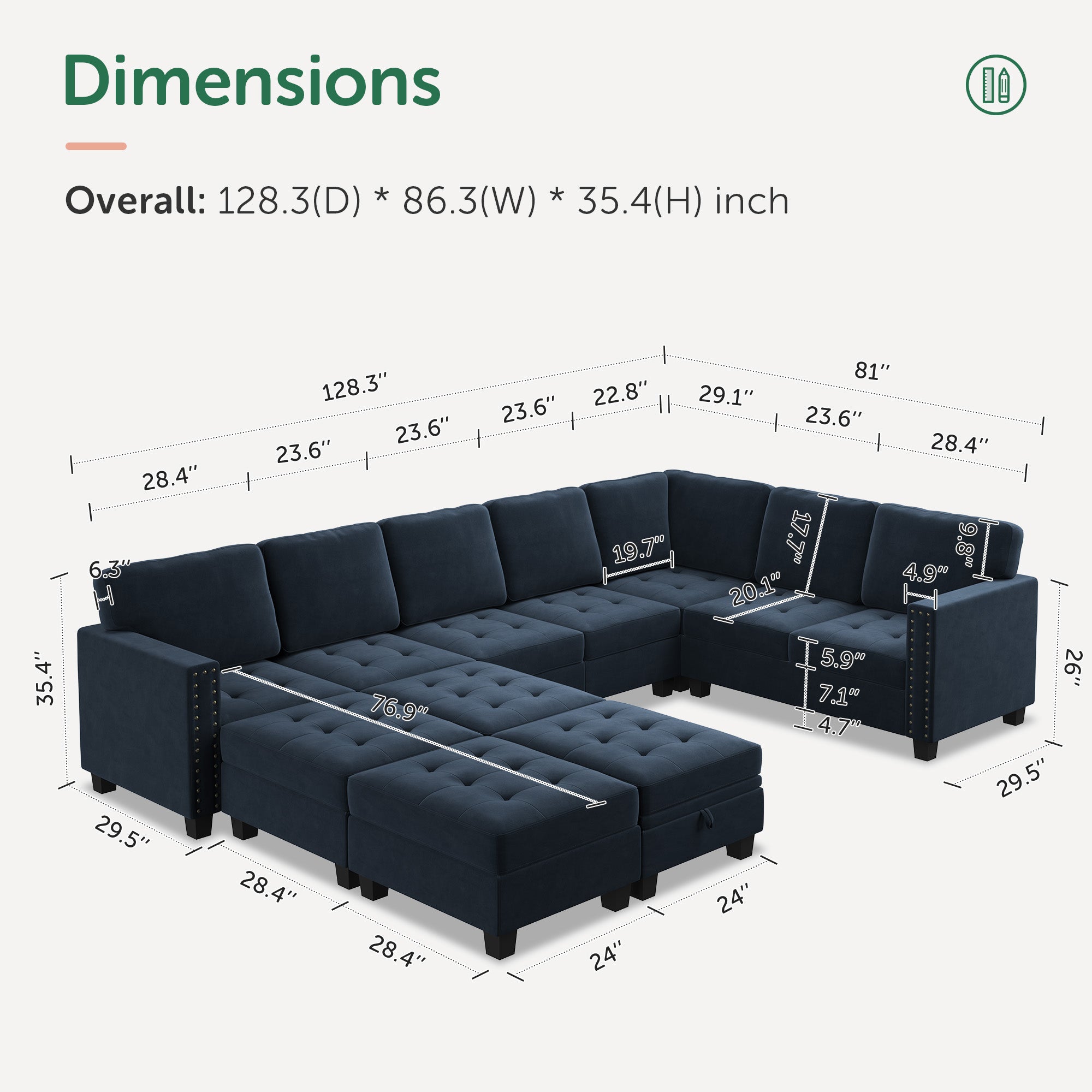 Velvet Modular Sleeper Sectional With Storage Space With Measurements