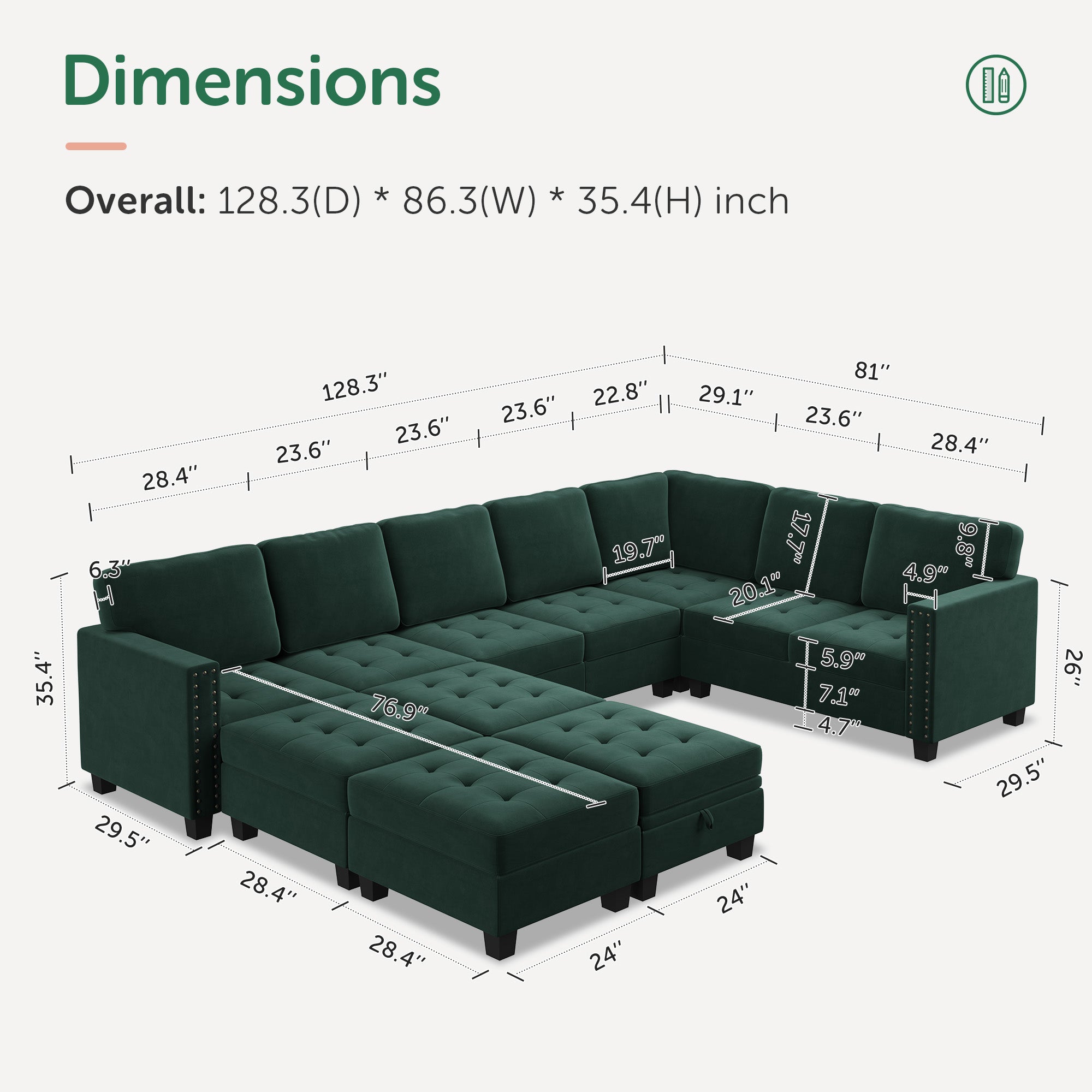 HONBAY Wraparound Modular Sofa 11-Seat With 2-Tray Space+1-Left Arm+1-Right Arm #Color_Green