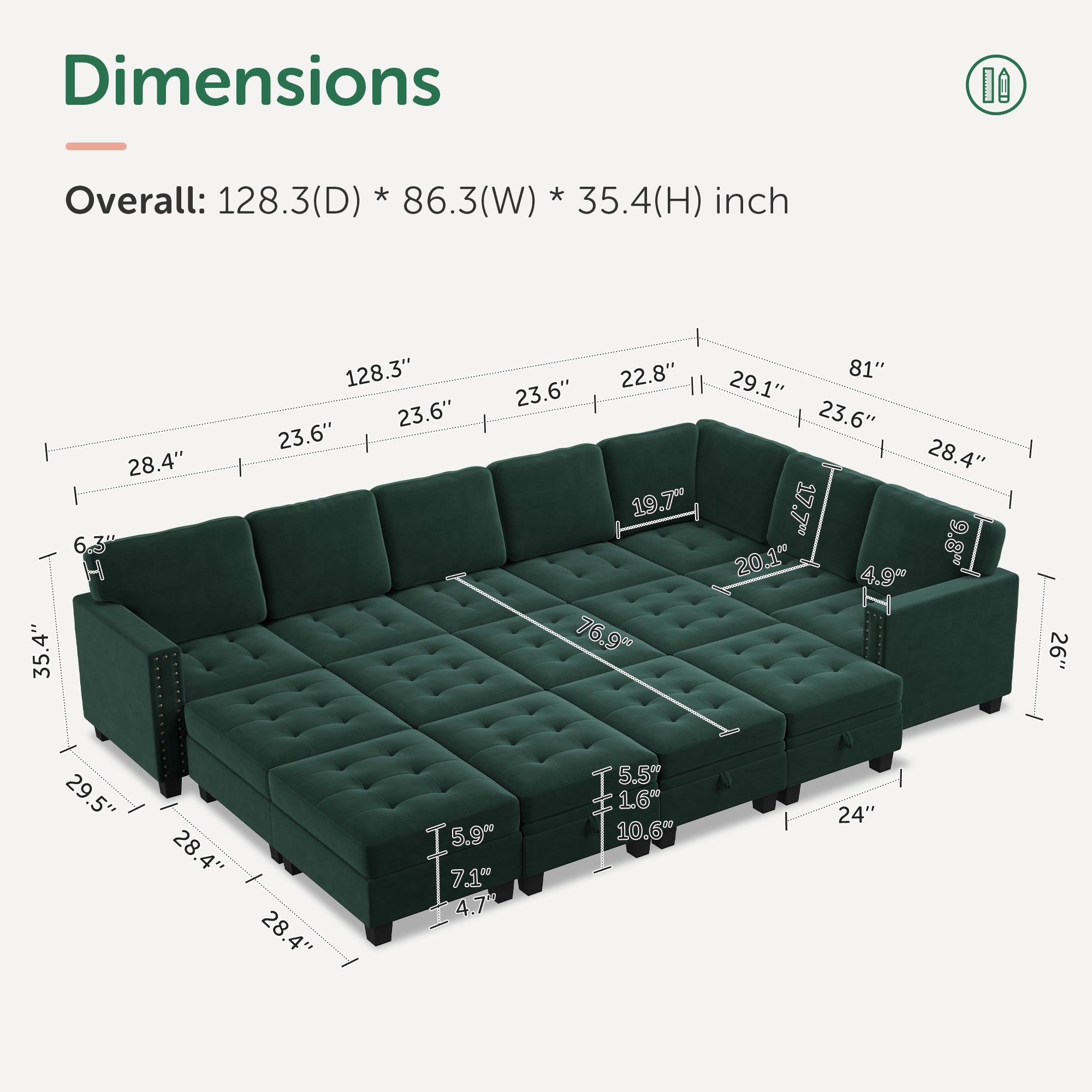 HONBAY Wraparound Modular Sofa 15-Seat With 6-Storage Space+1-Left Arm+1-Right Arm #Color_Green