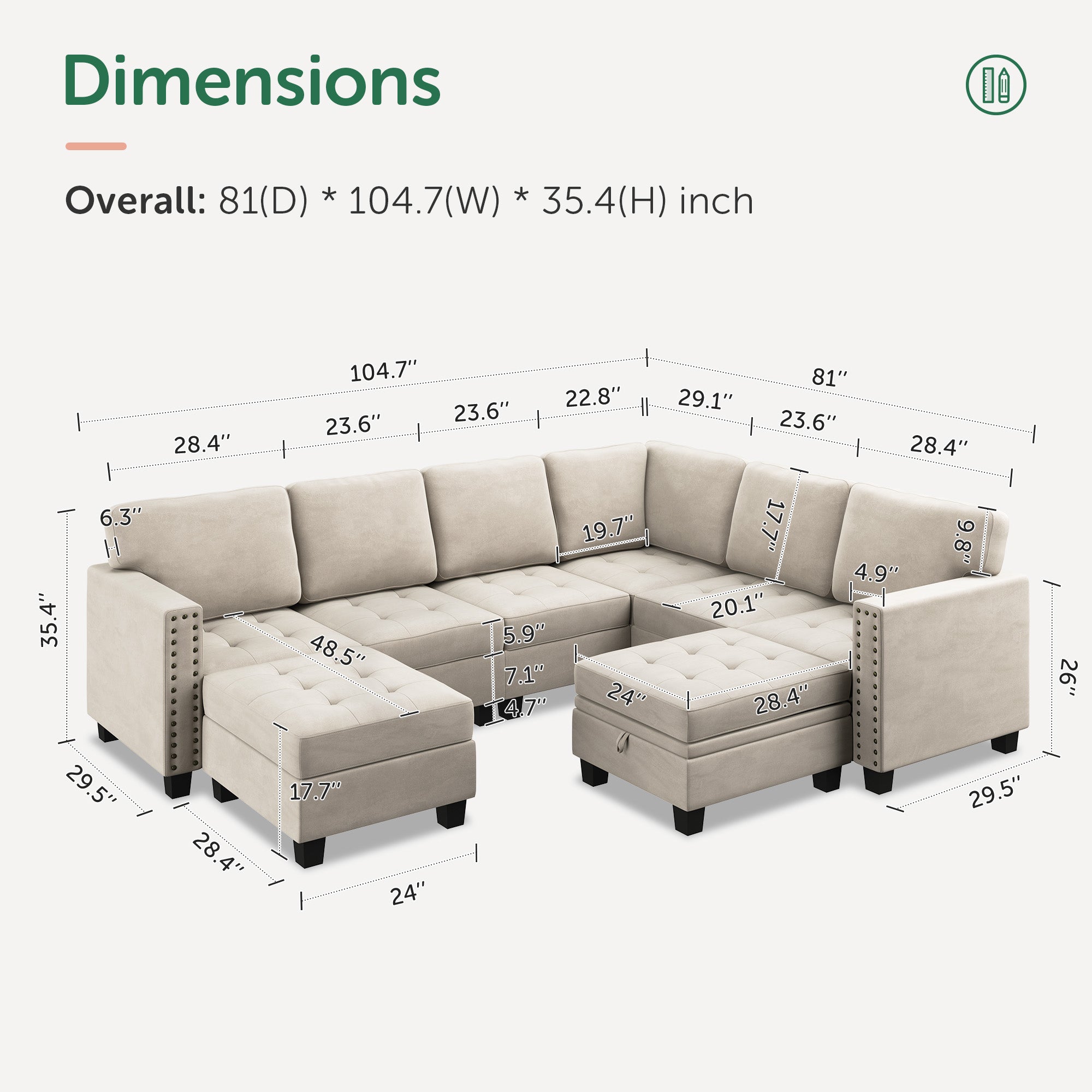 HONBAY Velvet U-Shaped 8-Seater Corner Sectional Sofa with Reversible Storage & Lid Ottoman #Color_Beige