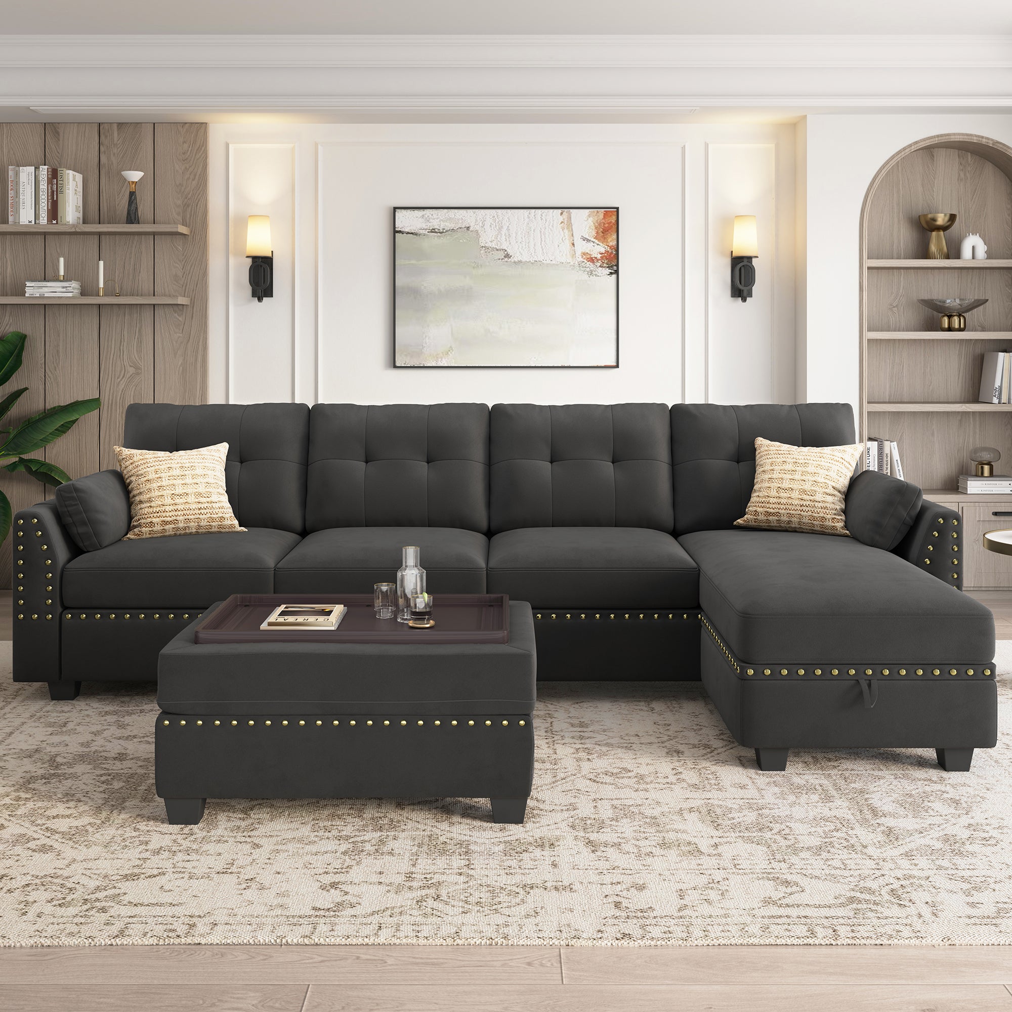 HONBAY 5-Piece Velvet Convertible Sectional With Tray Ottoman