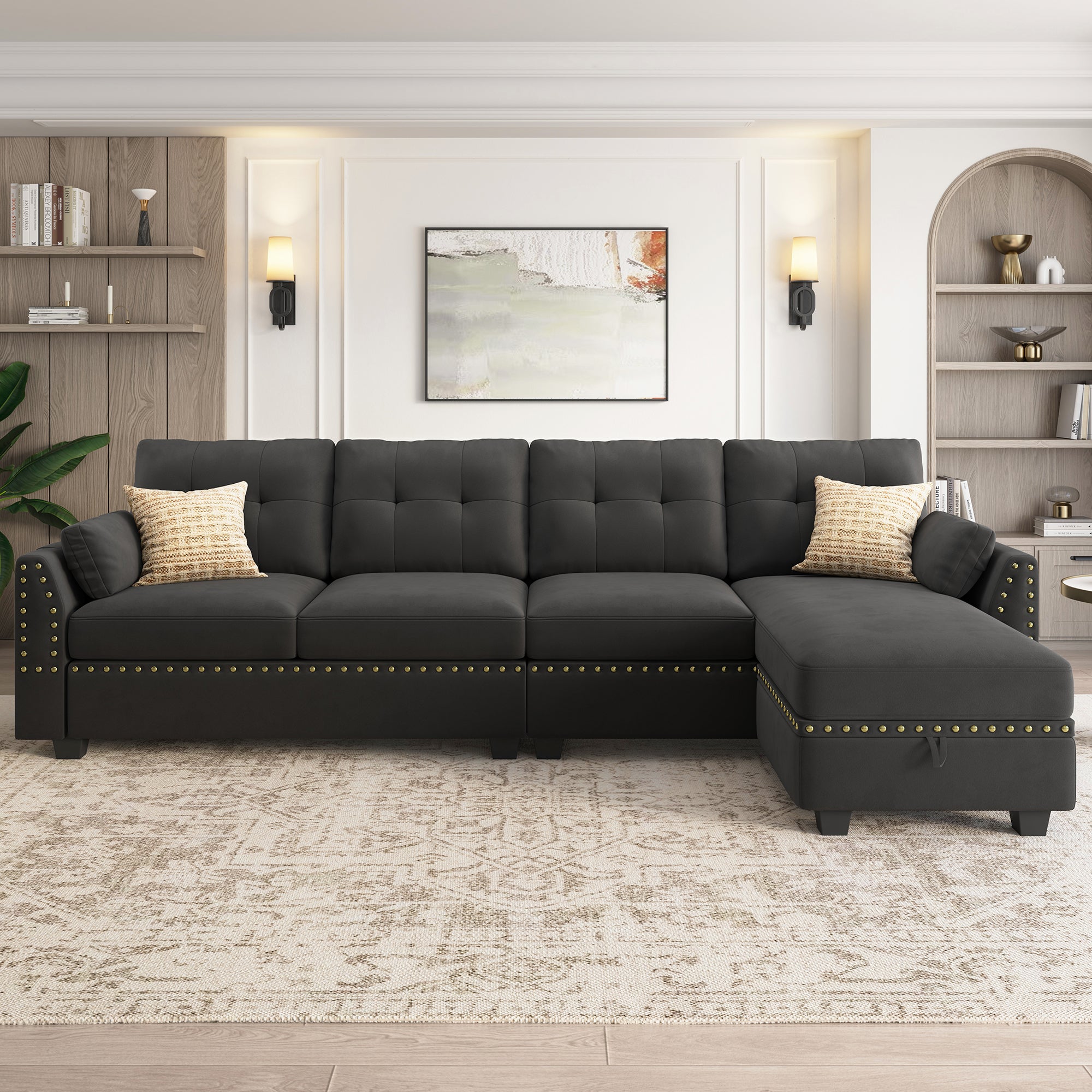 HONBAY Velvet 4-Seat L-Shaped Sectional Sofa with Storage Chaise