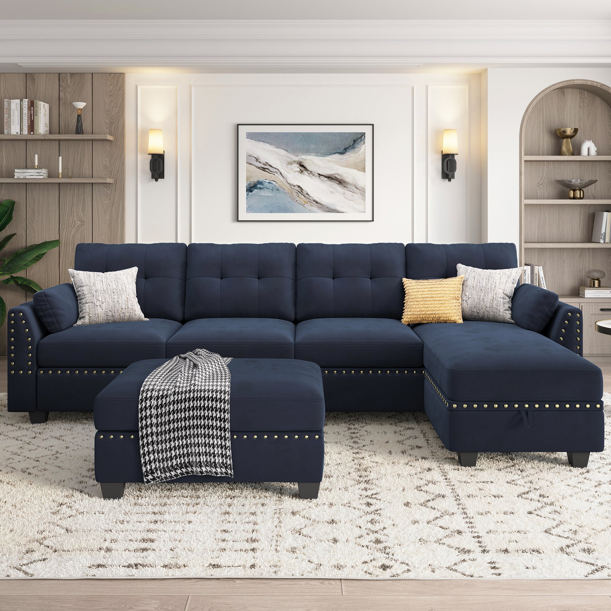 HONBAY Velvet 4-Seat L-Shaped Sectional Sofa with Storage Ottoman Set