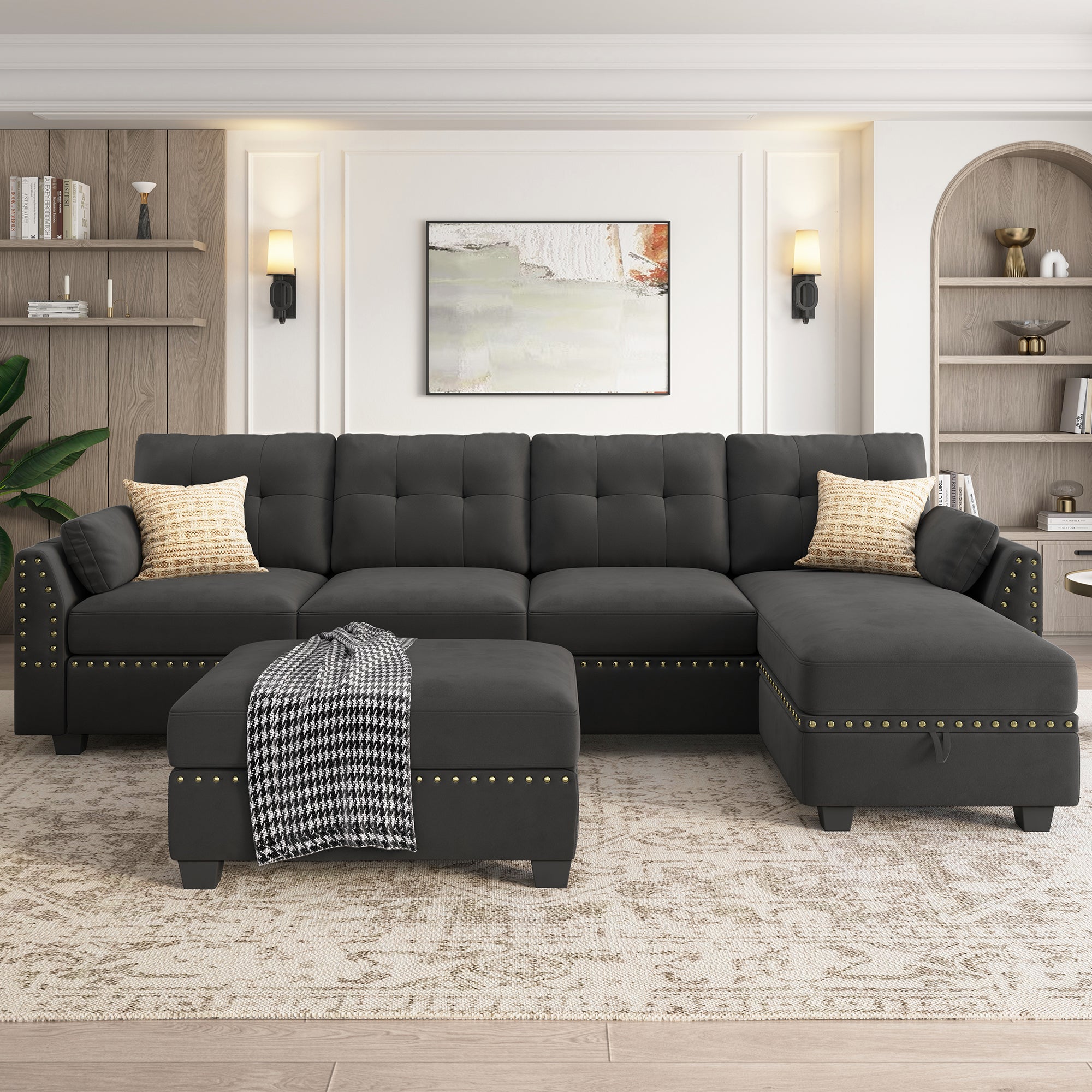 HONBAY Velvet 4-Seat L-Shaped Sectional Sofa with Storage Ottoman Set