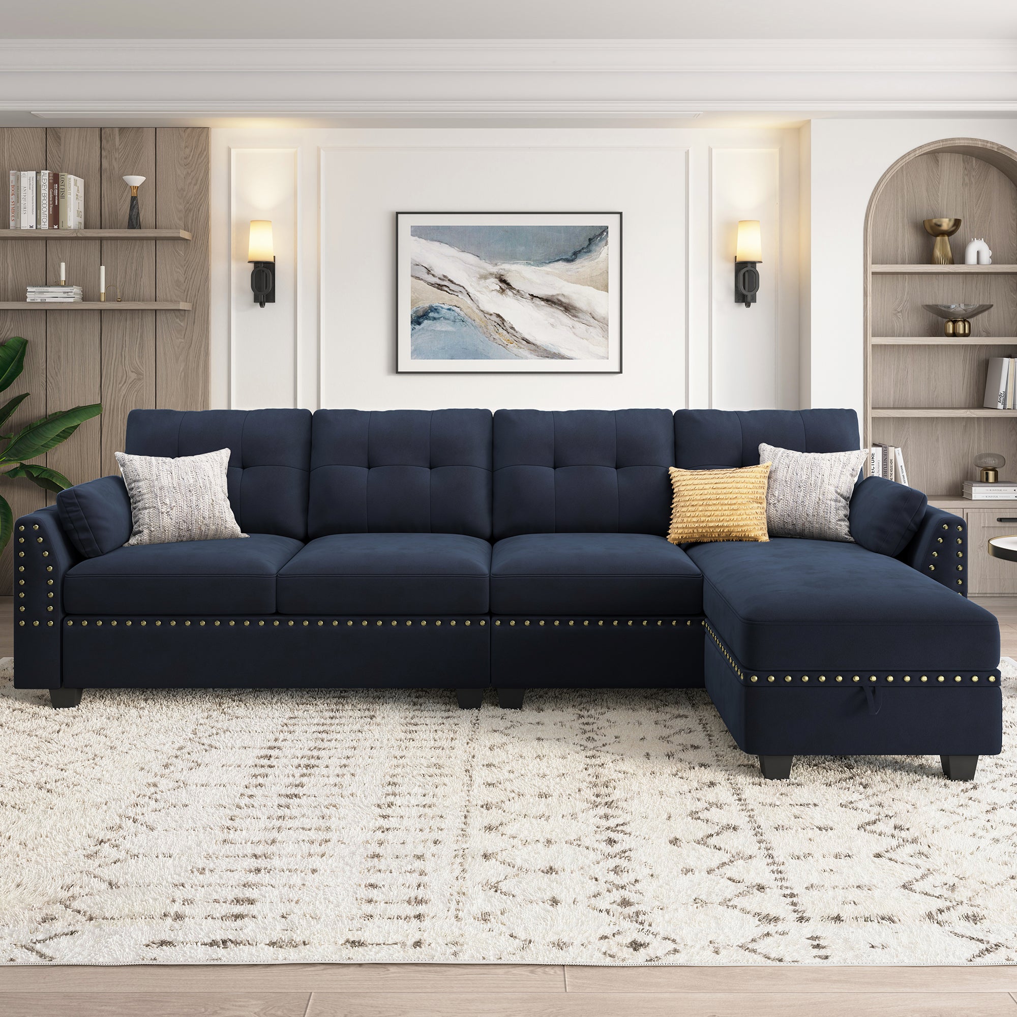 HONBAY Velvet 4-Seat L-Shaped Sectional Sofa with Storage Chaise