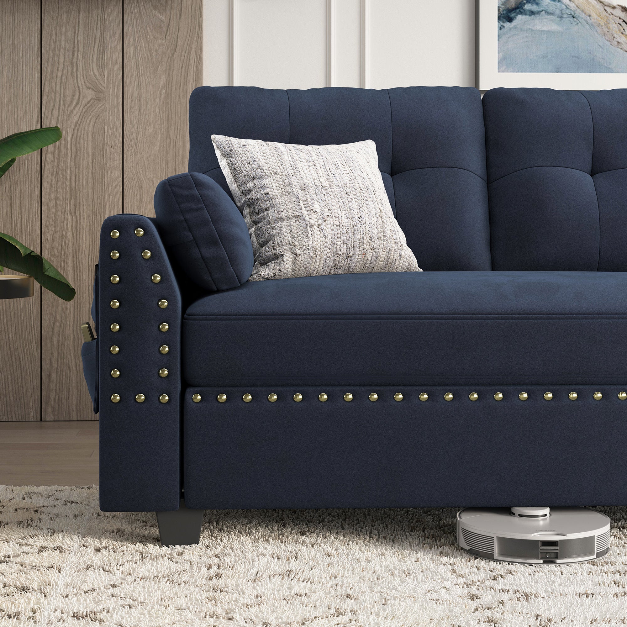 HONBAY Velvet 4-Seat Sectional Sofa Sleeper with Storage