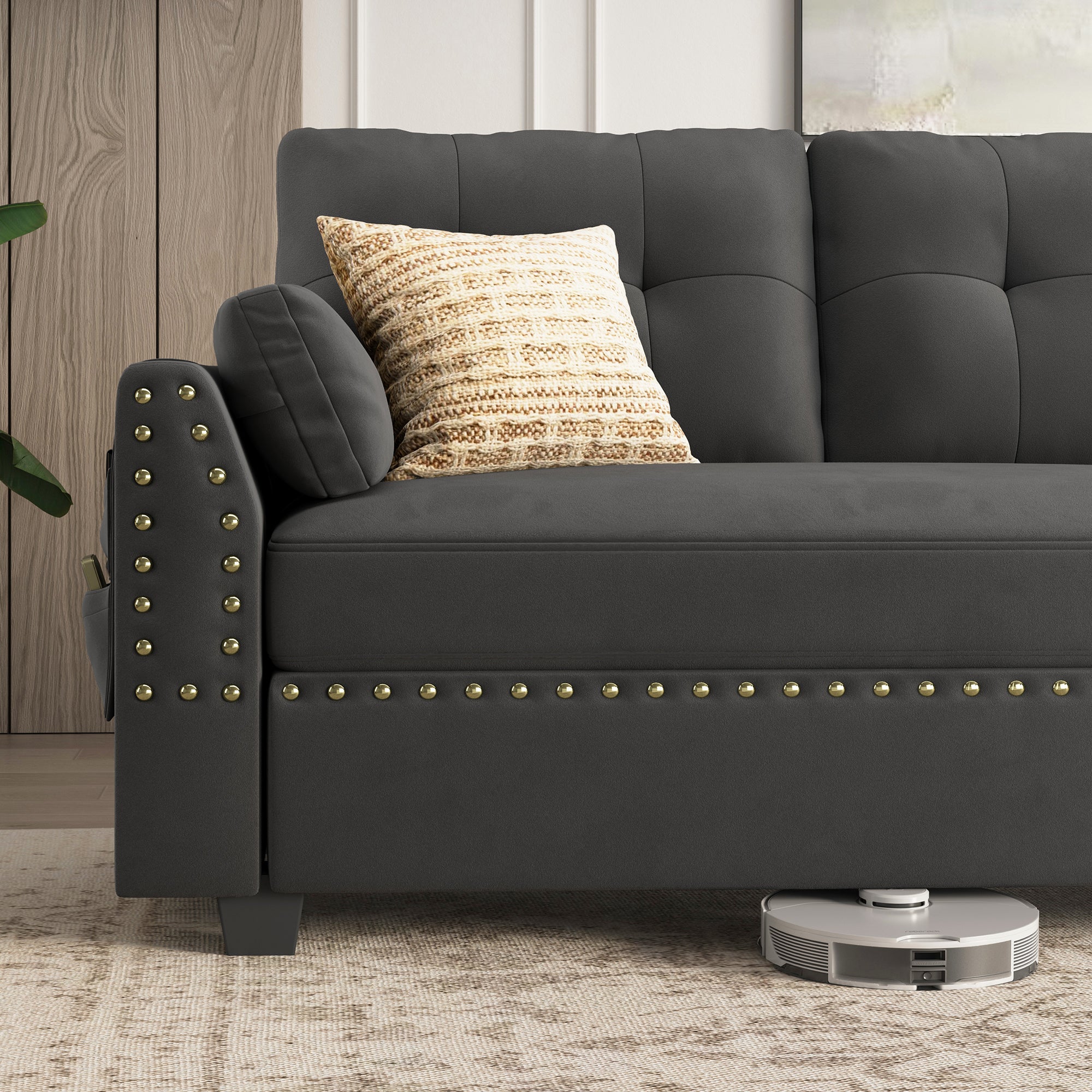HONBAY Velvet 4-Seat L-Shaped Sectional Sofa with Storage Ottoman Set