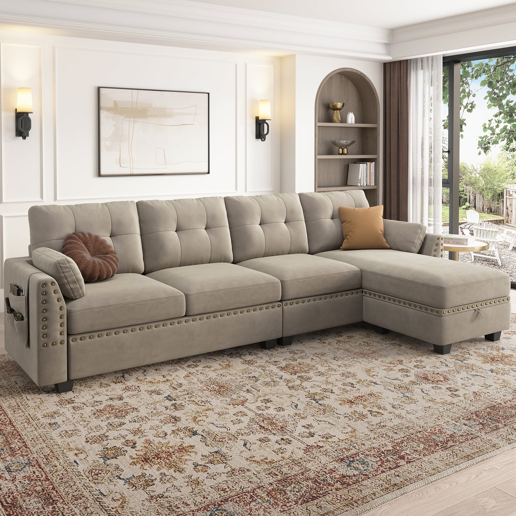 Honbay 4-Seat U-Shaped Sofa Convertible Sectional Sofa with Reversible Chaise, Velvet / Pearl Grey