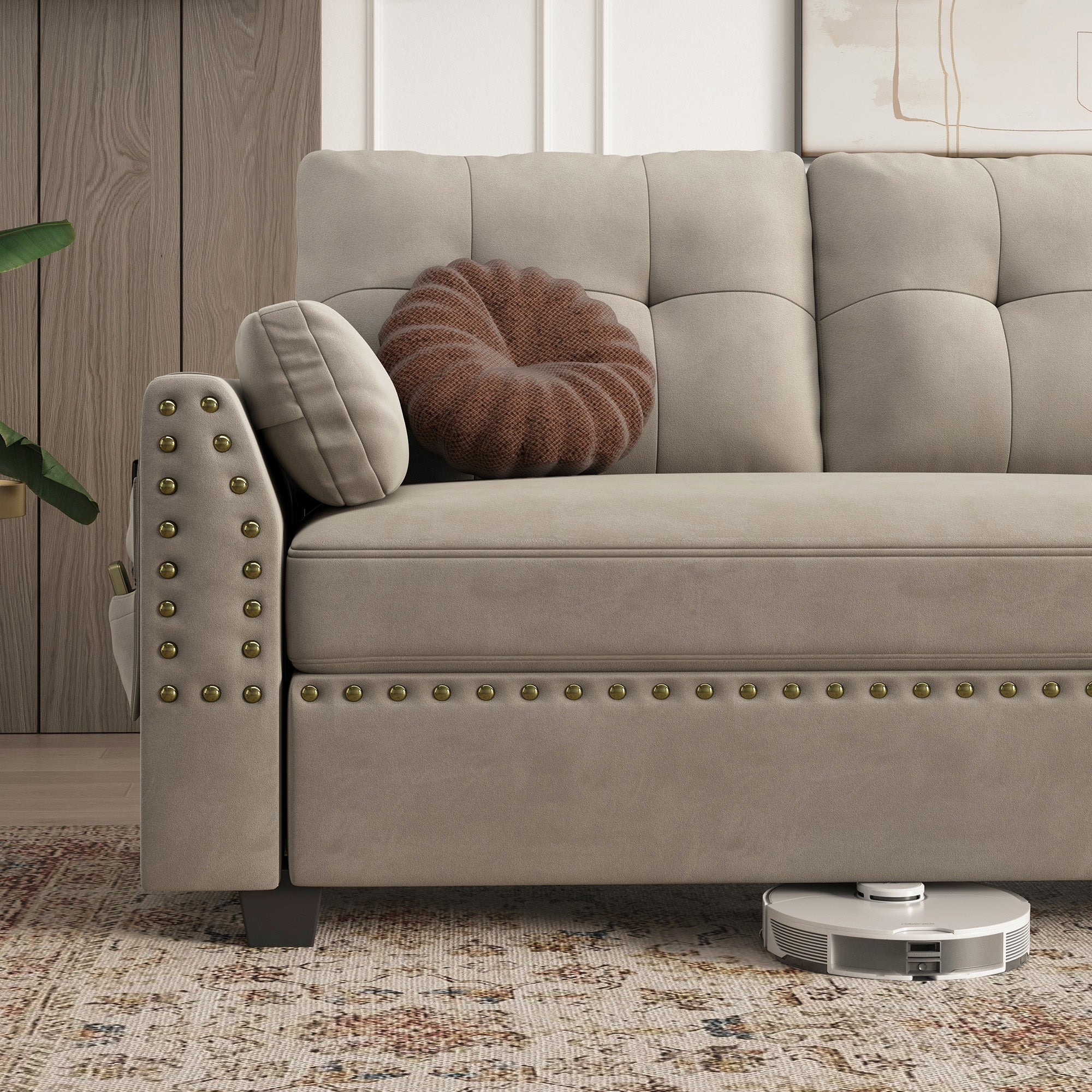 HONBAY Velvet 4-Seat Sectional Sofa Sleeper with Storage