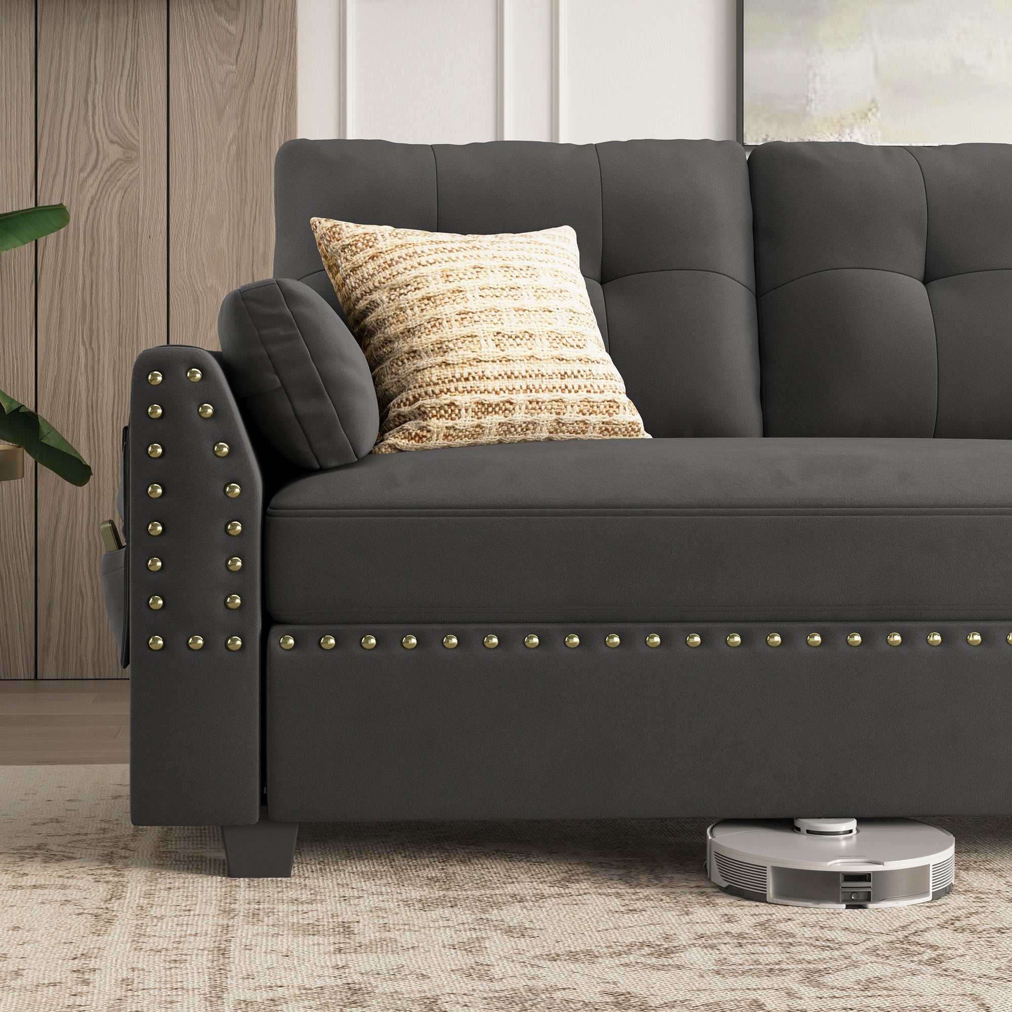 HONBAY Velvet 4-Seat Sectional Sofa Sleeper with Storage