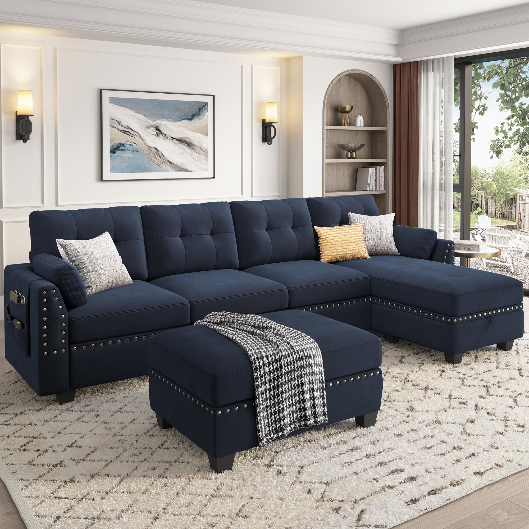 HONBAY Velvet 4-Seat L-Shaped Sectional Sofa with Storage Ottoman Set