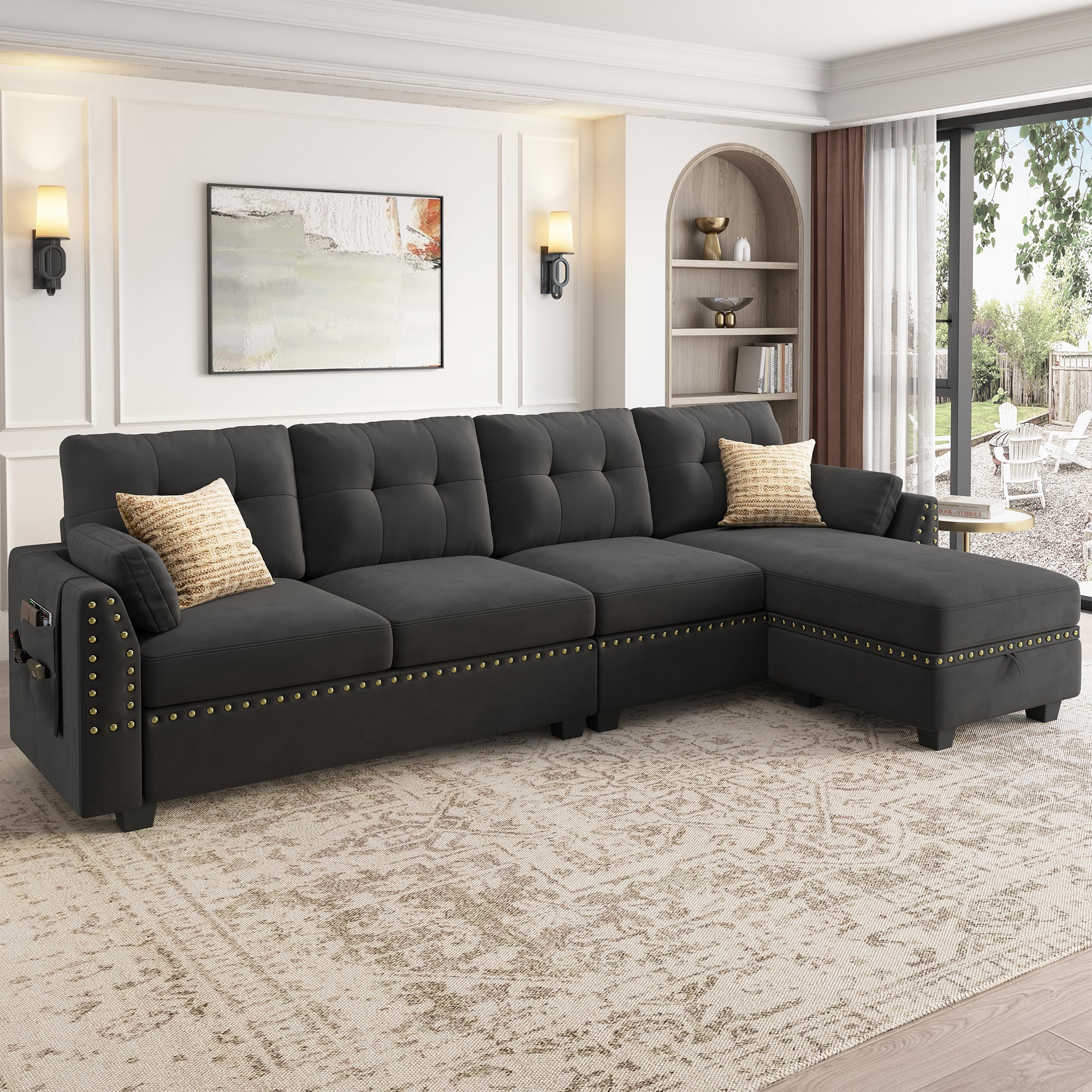 HONBAY Velvet 4-Seat L-Shaped Sectional Sofa with Storage Chaise