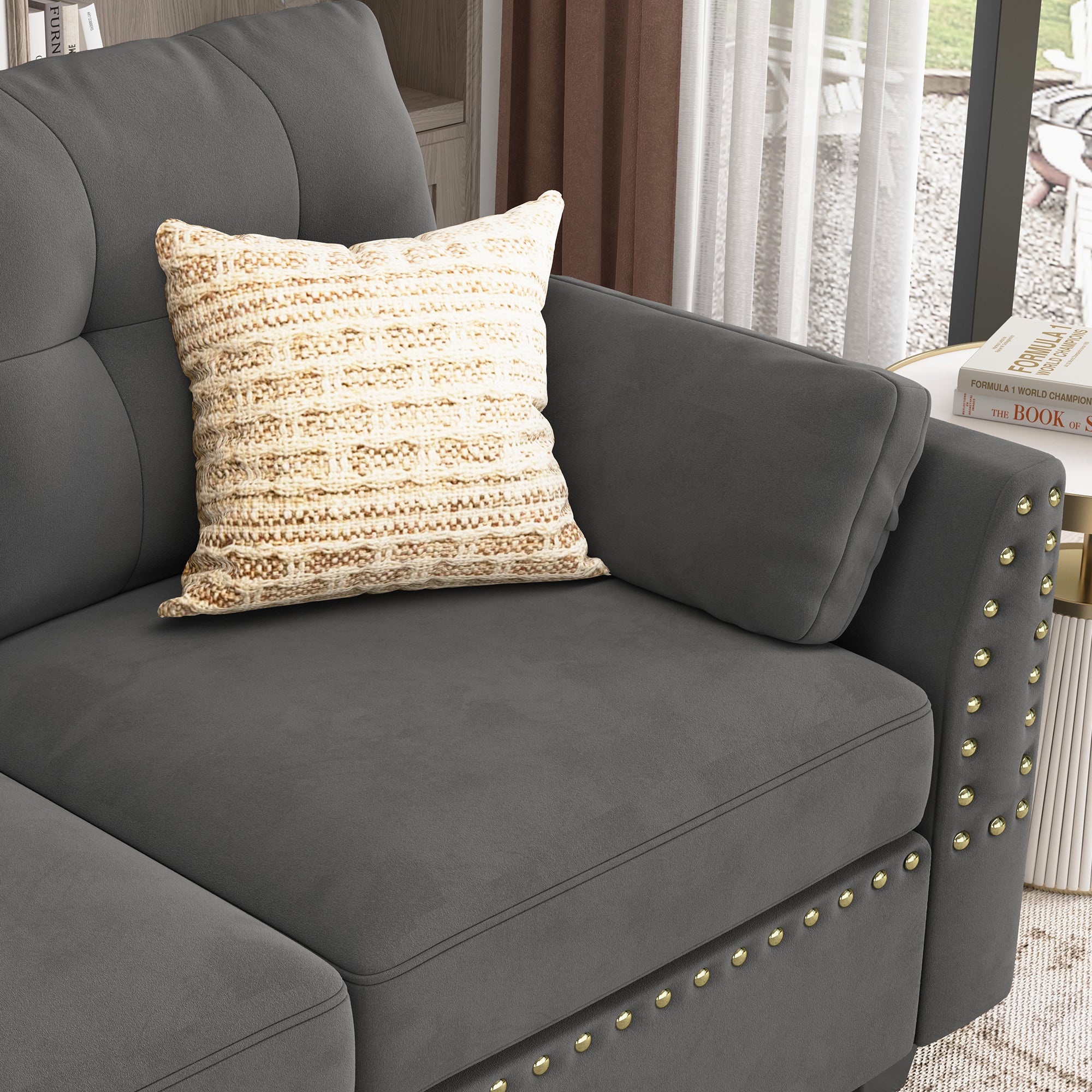 HONBAY Velvet 4-Seat L-Shaped Sectional Sofa with Storage Ottoman Set