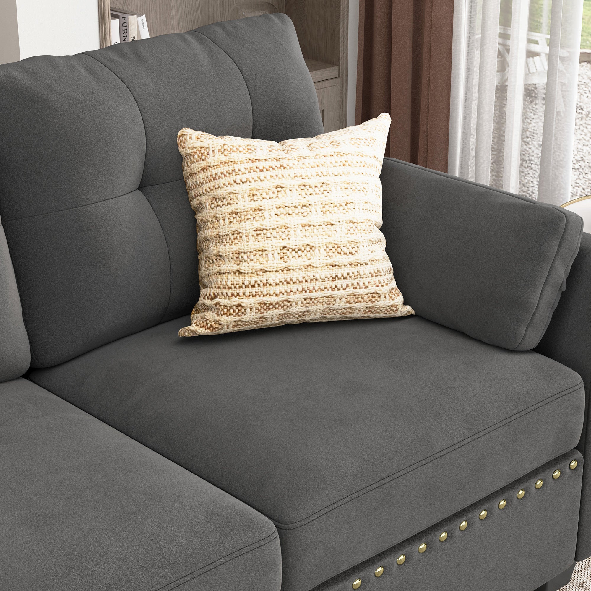 HONBAY Velvet 4-Seat Sectional Sofa Sleeper with Storage