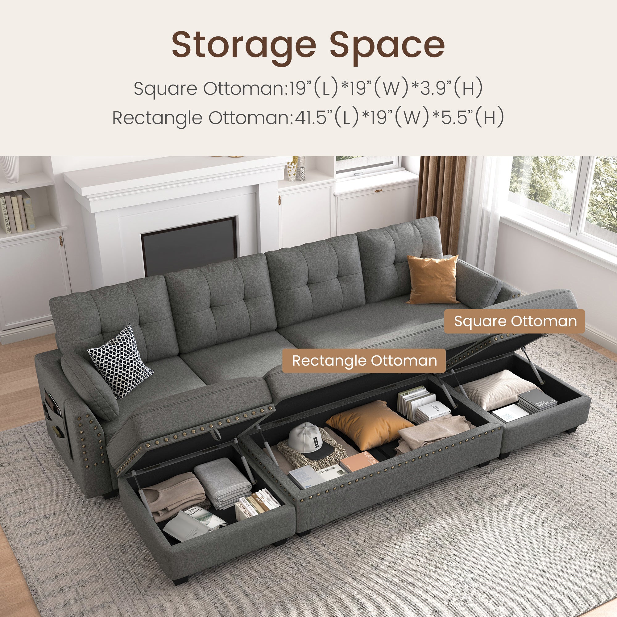 HONBAY 4-Seat Sectional Sofa Sleeper with Storage