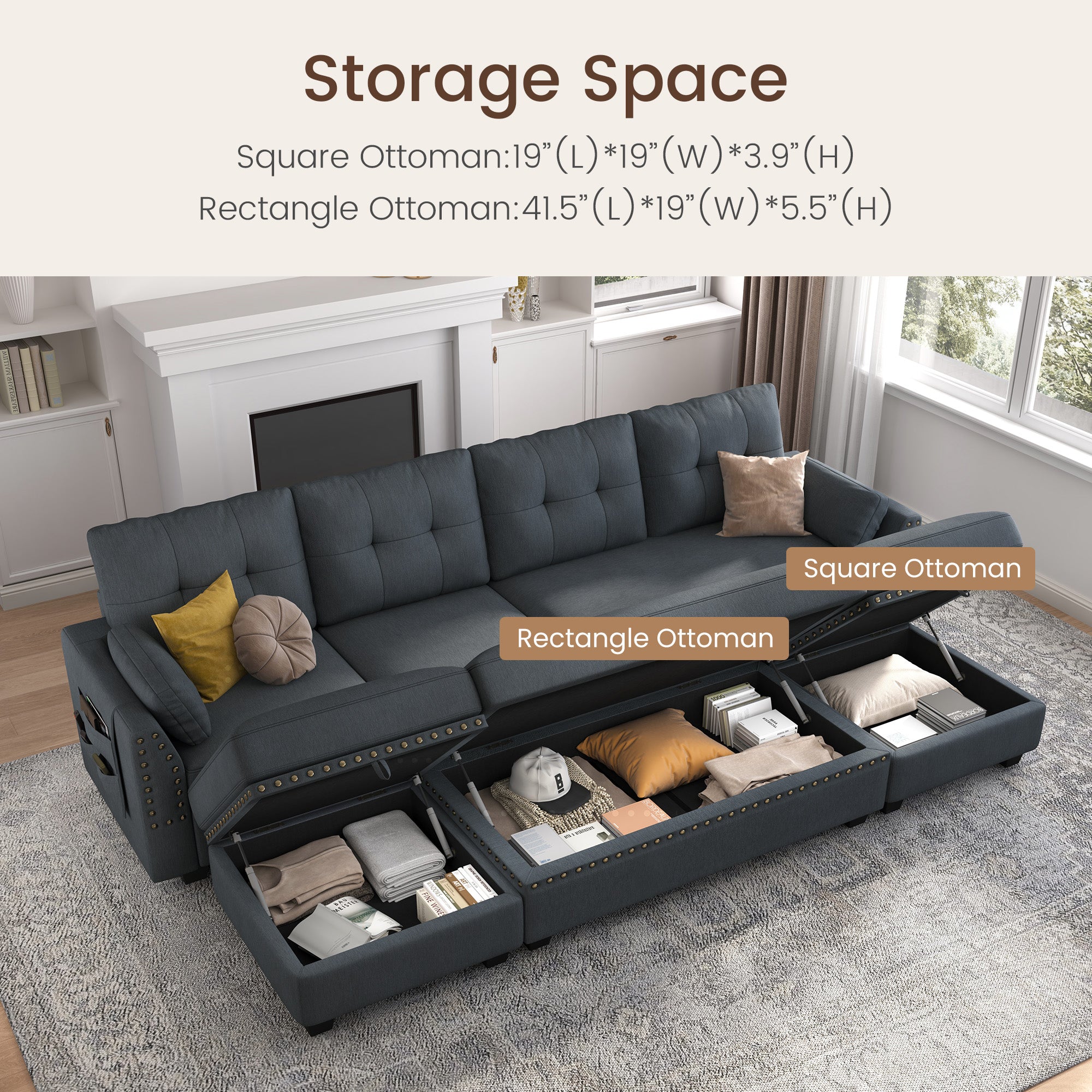 HONBAY 4-Seat Sectional Sofa Sleeper with Storage