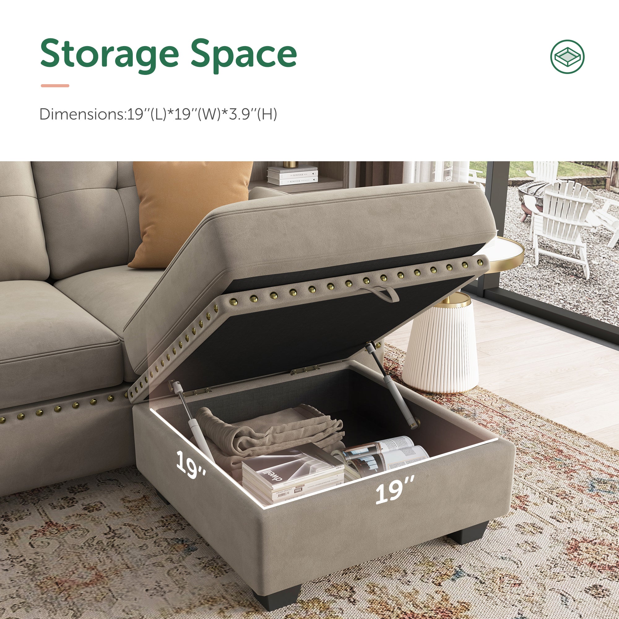 HONBAY Velvet 4-Seat L-Shaped Sectional Sofa with Storage Chaise