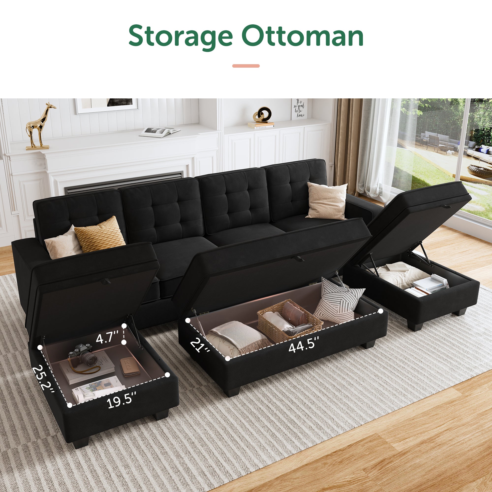 NOLANY 3-Seat U Shaped Corner Modular Sofa Sectional Couch with Two Storage Reversible Ottoman