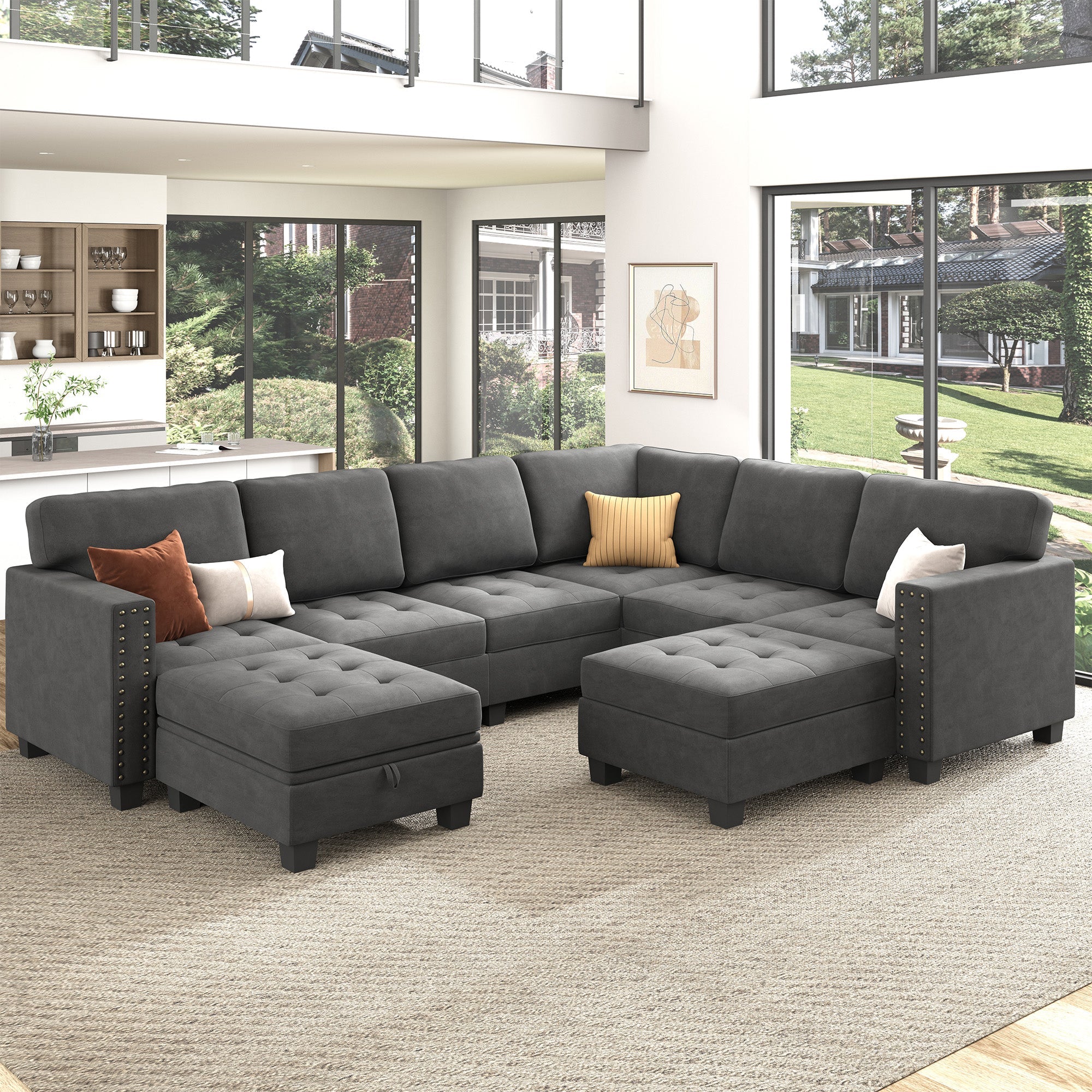 HONBAY Velvet U-Shaped 8-Seater Corner Sectional Sofa with Reversible Storage & Lid Ottoman #Color_Grey