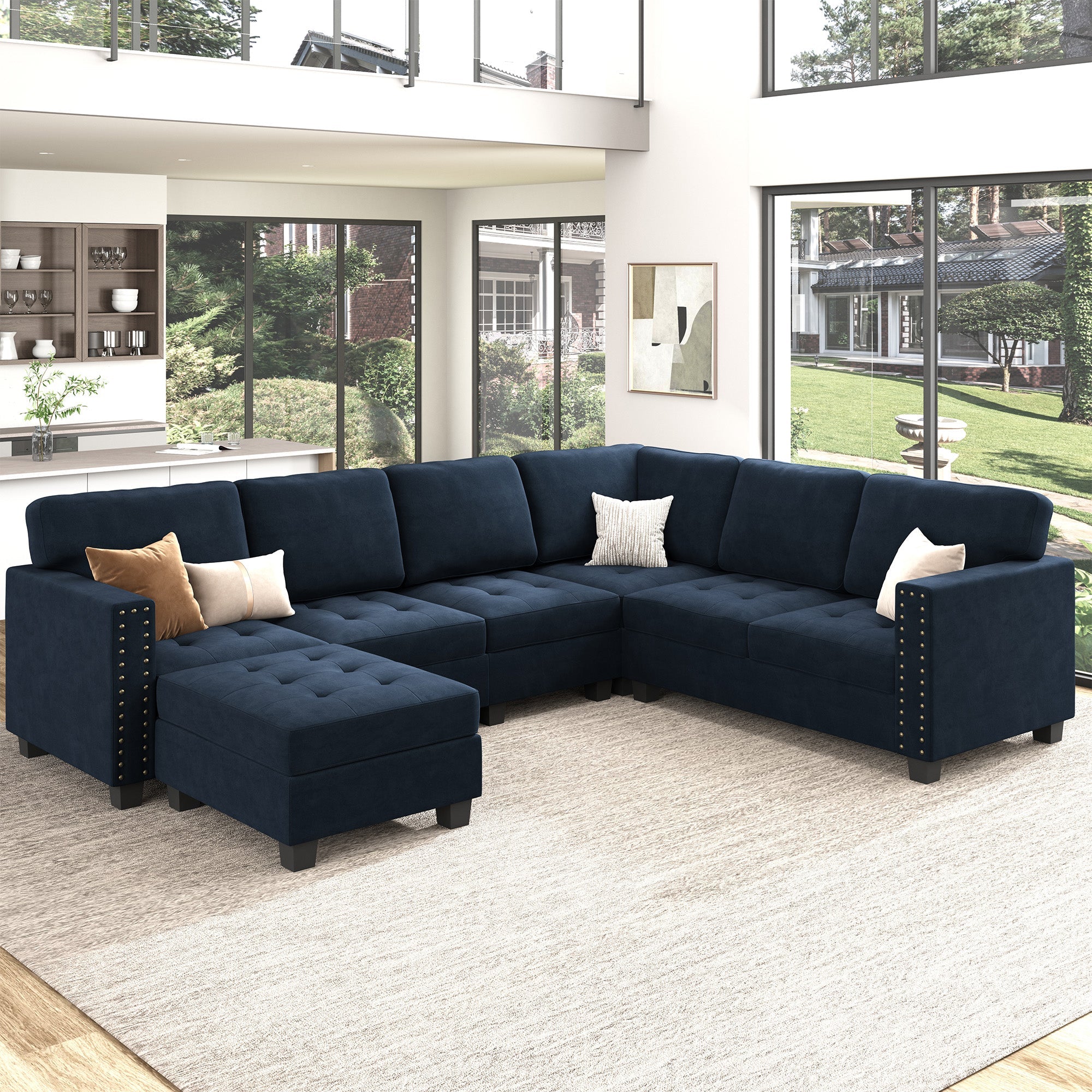 HONBAY Velvet U-Shaped Corner Sectional Sofa with Reversible Storage Lid Ottoman #Color_Dark Blue