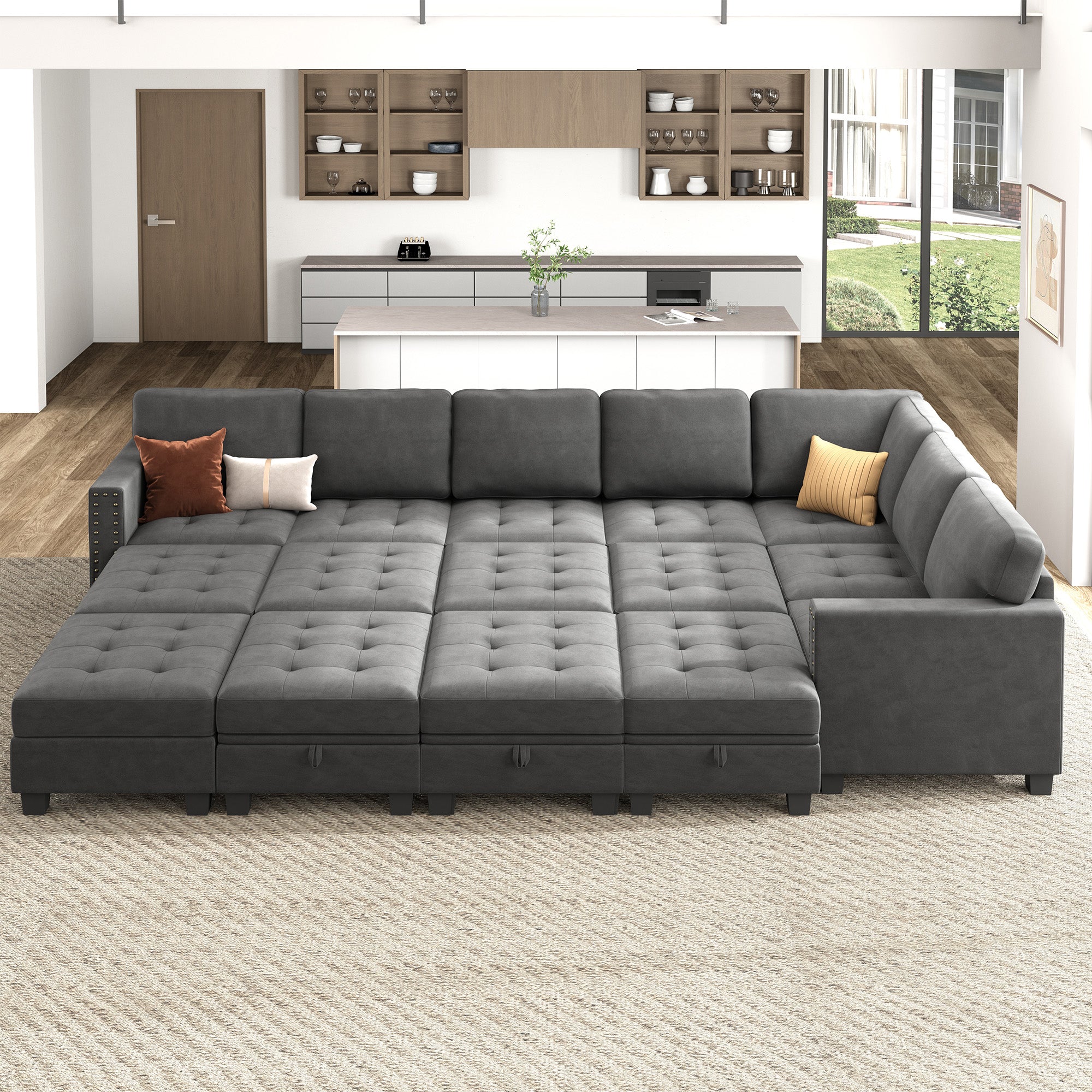 HONBAY Wraparound Modular Sofa 15-Seat With 6-Storage Space+1-Left Arm+1-Right Arm #Color_Grey