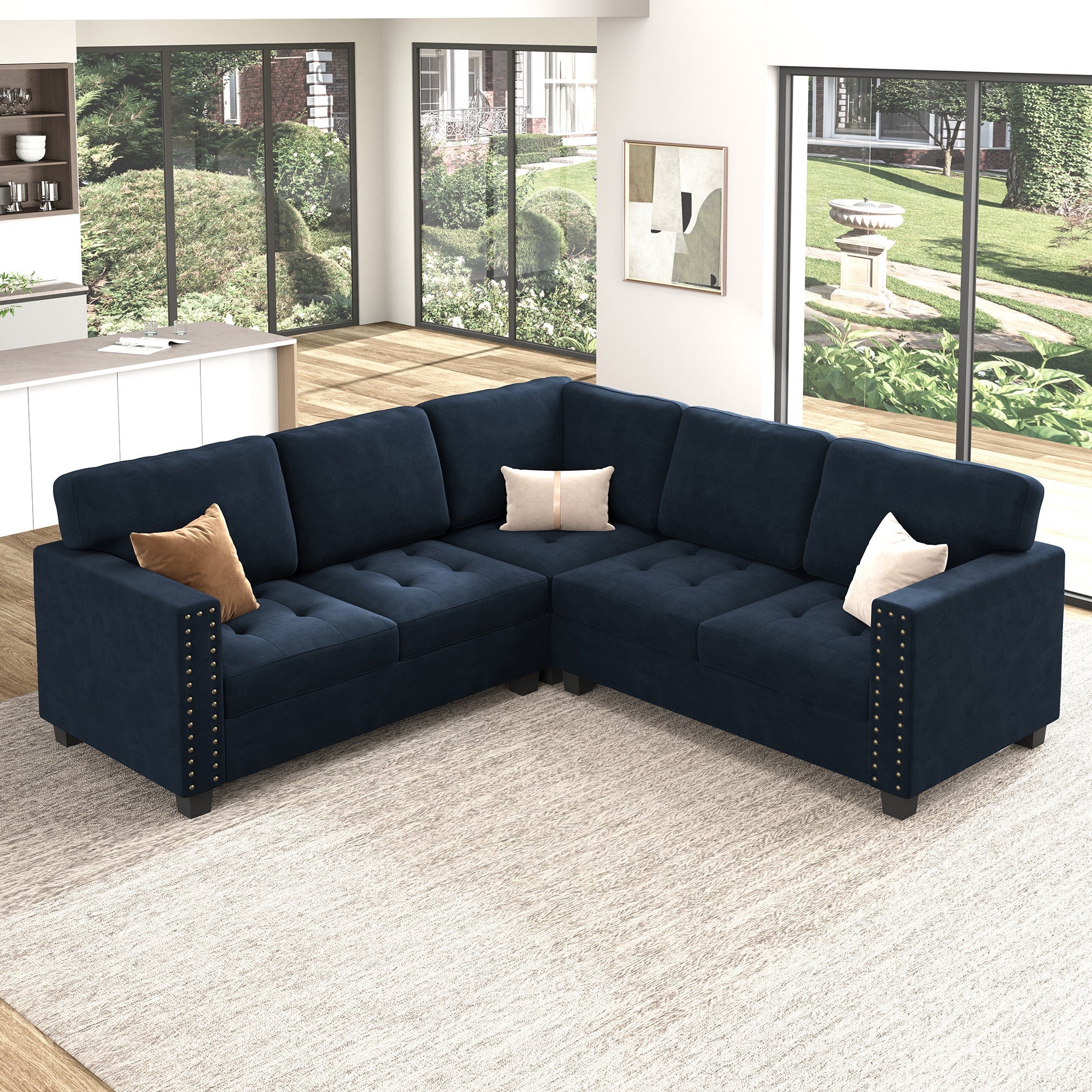 HONBAY Velvet Corner Sectional Sofa with Reversible Storage Lid Ottoman #Color_Dark Blue