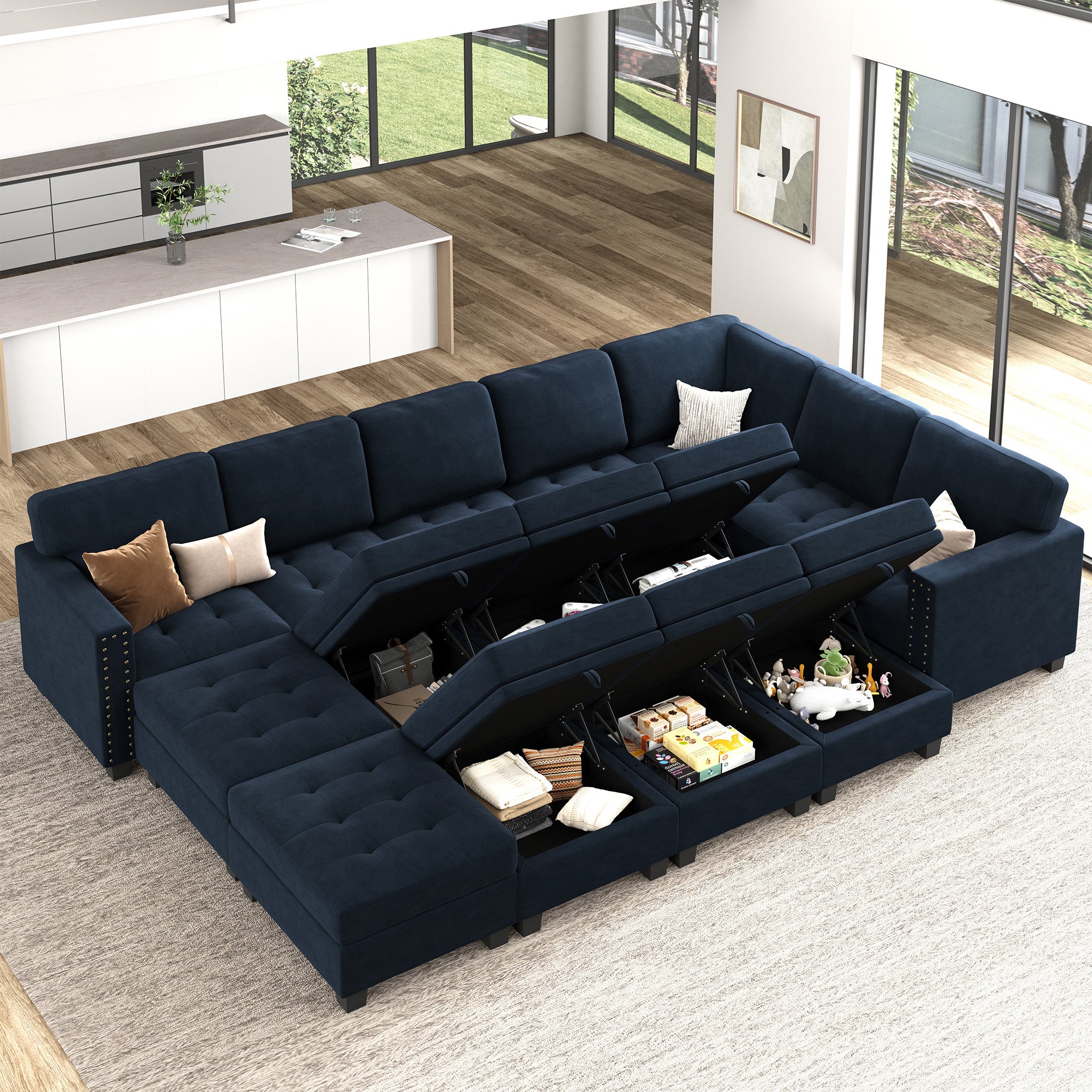 HONBAY Wraparound Modular Sofa 15-Seat With 6-Storage Space+1-Left Arm+1-Right Arm #Color_Dark Blue