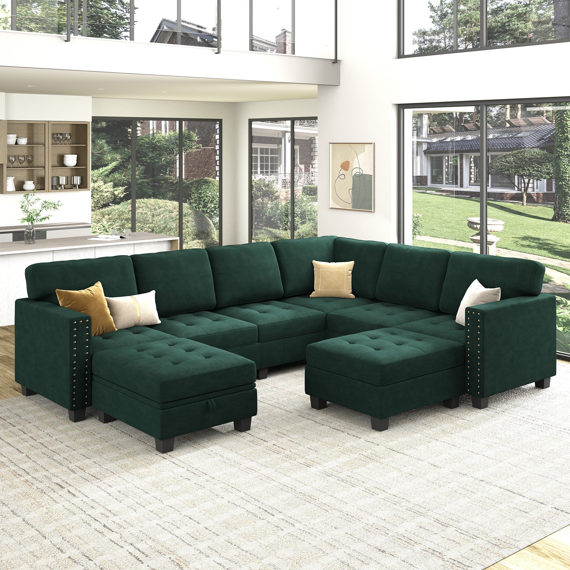 HONBAY Velvet U-Shaped 8-Seater Corner Sectional Sofa with Reversible Storage & Lid Ottoman #Color_Green