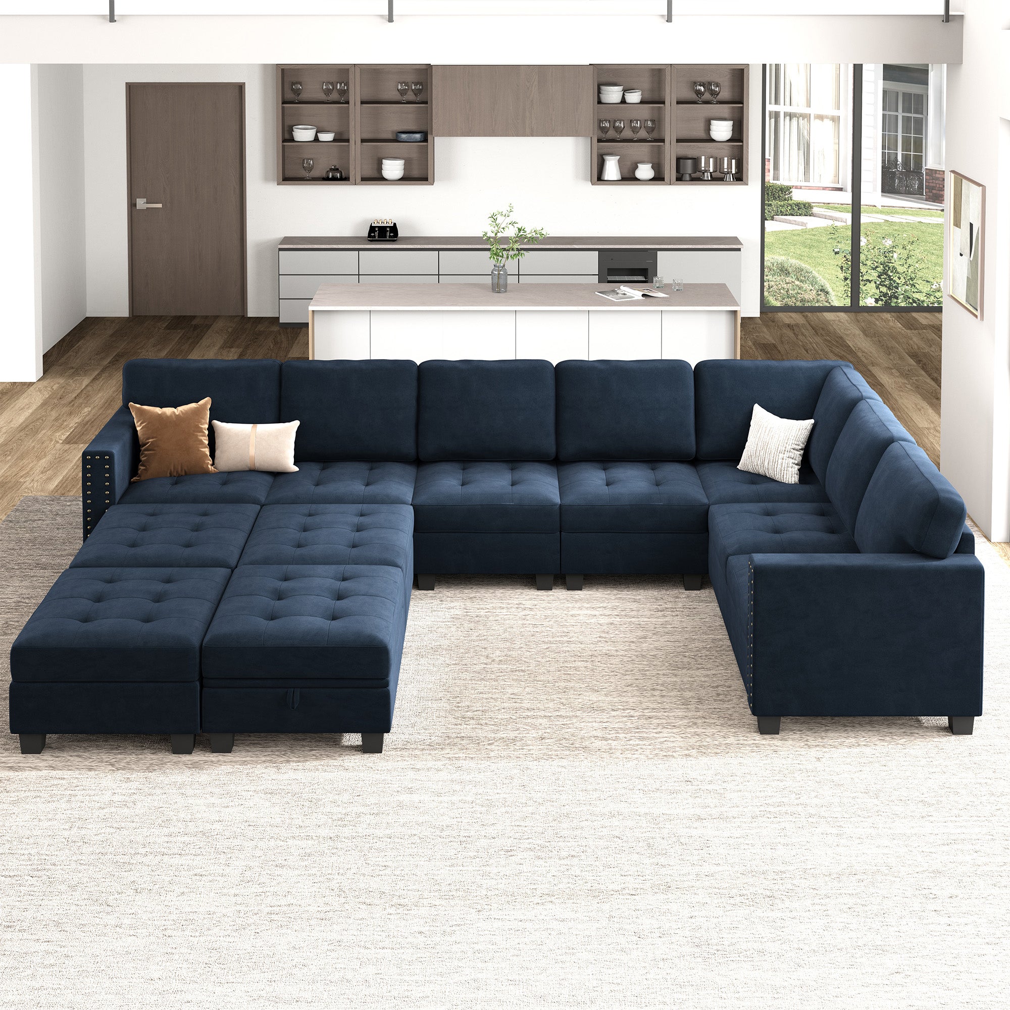 HONBAY Wraparound Modular Sofa 11-Seat With 2-Tray Space+1-Left Arm+1-Right Arm #Color_Dark Blue