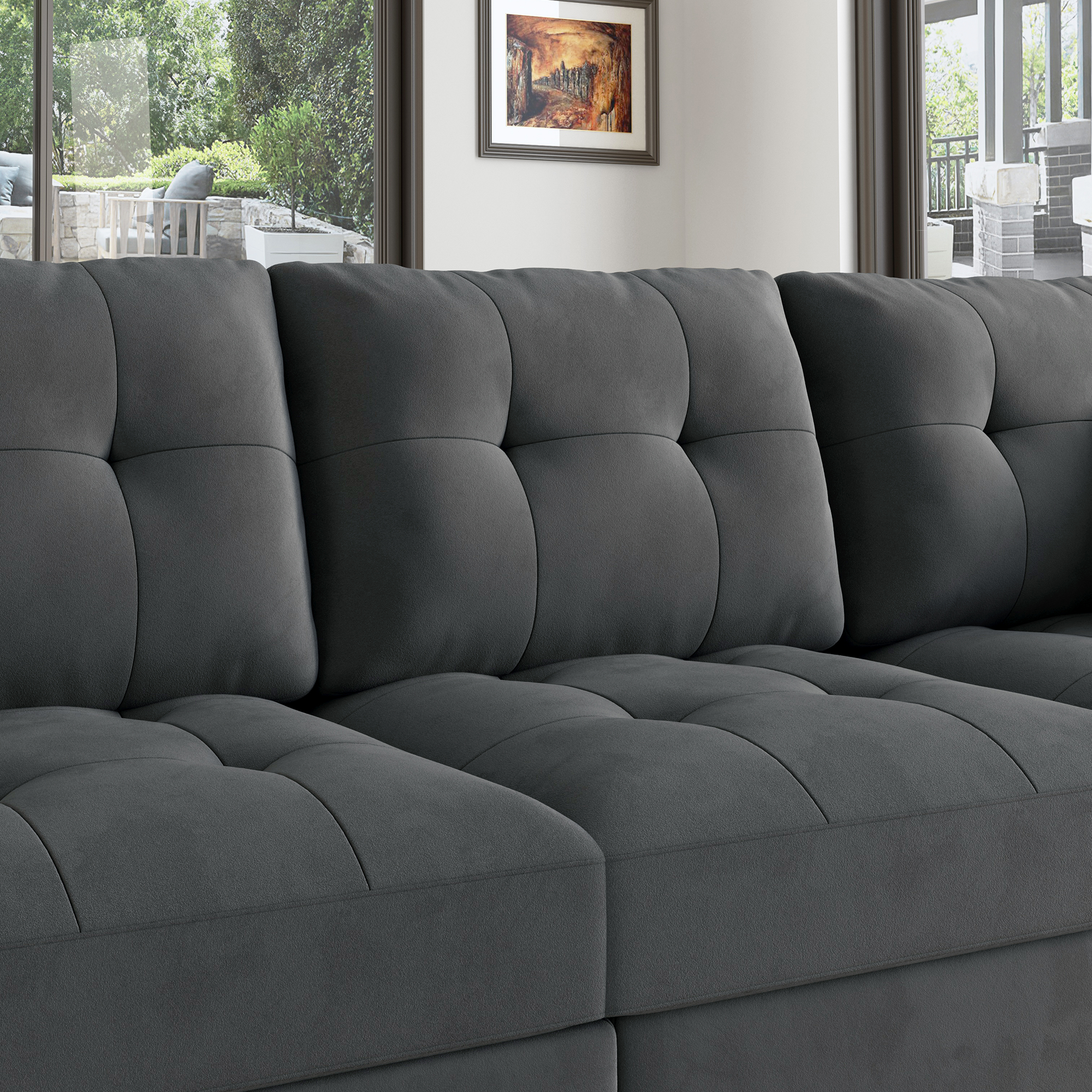 HONBAY Velvet Tufted U-Shaped Reversible Modular Sofa with Storage Ottoman