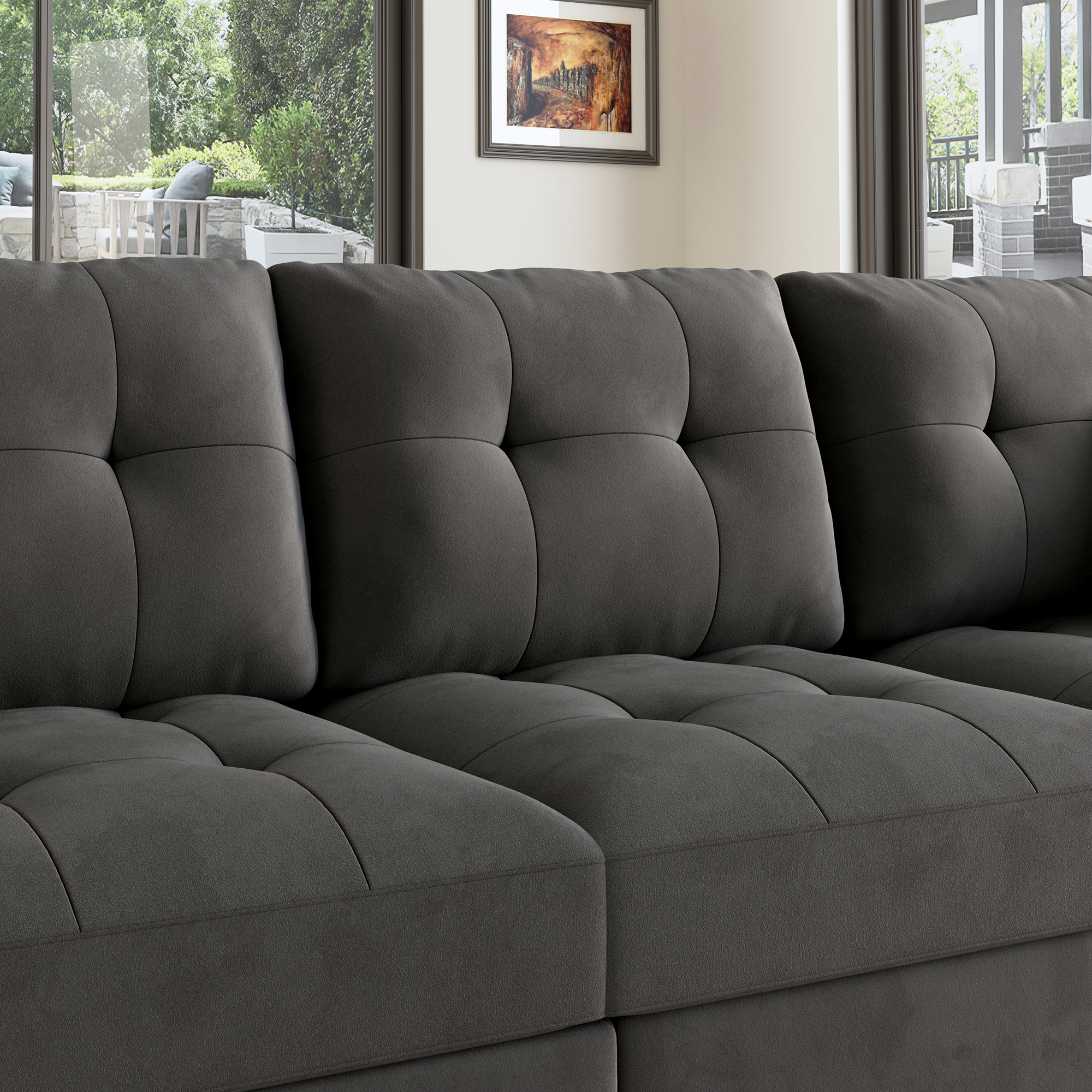 HONBAY Velvet Tufted U-Shaped Reversible Modular Sofa with Storage Ottoman